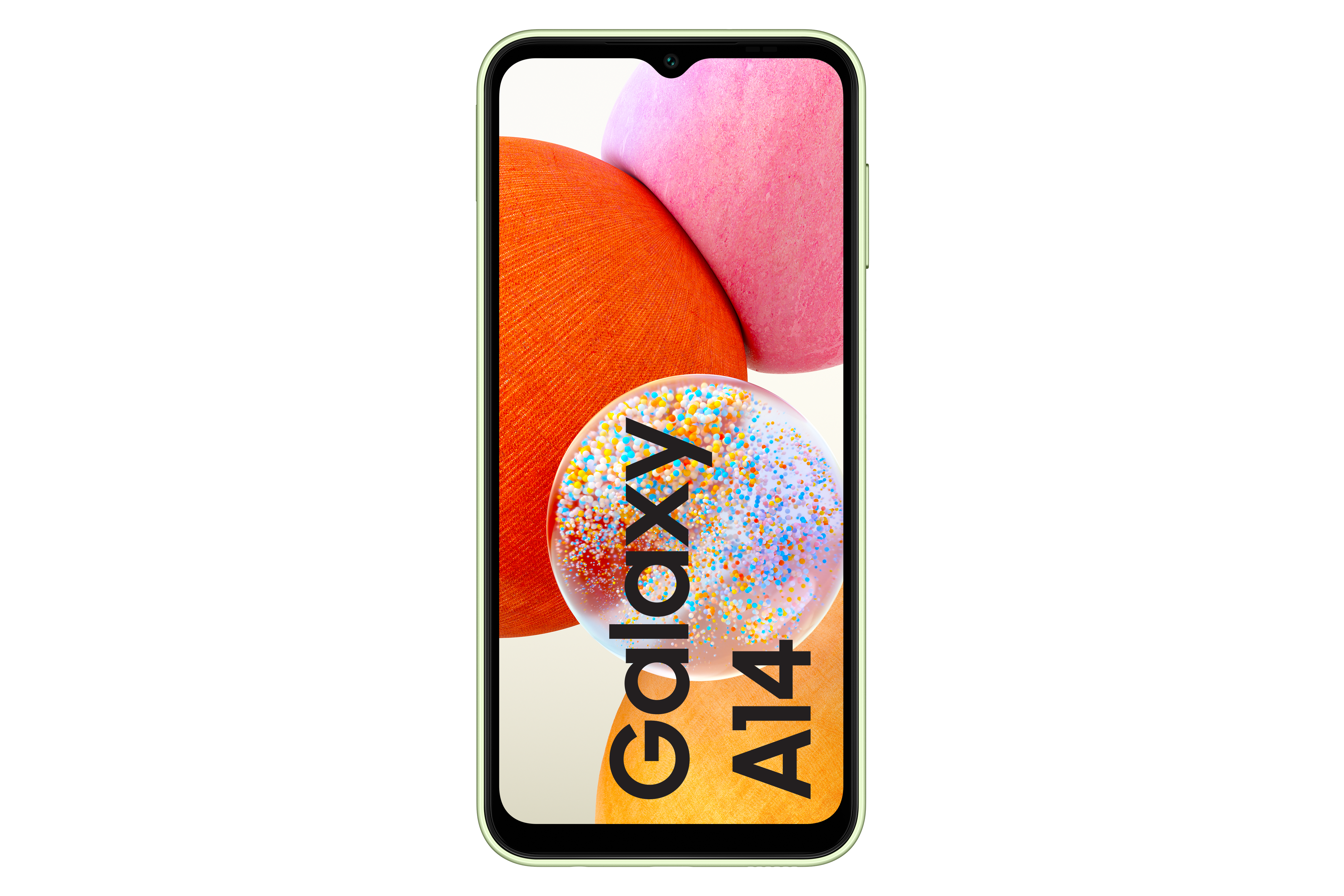 Telefon Samsung Galaxy A14. Grafika pomarańczowych, różowych i niebieskich bąbelków.