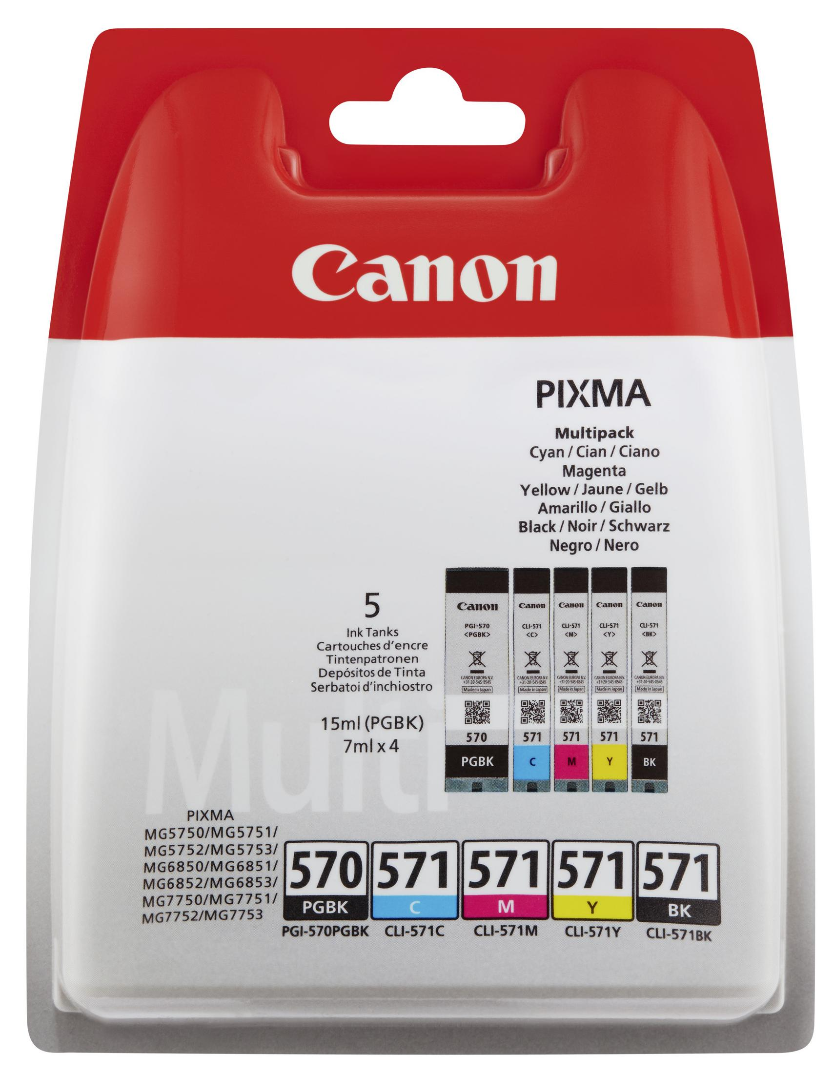 Kasetki z tuszem Canon w blistrze. Etykiety wskazują kolor i numery modeli.