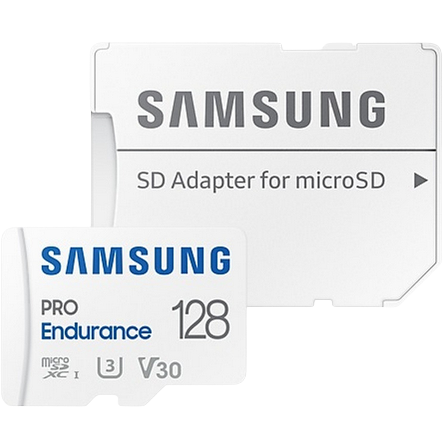 Karta micro SD i adapter Samsung Pro Endurance, białe tło, szczegóły produktu.