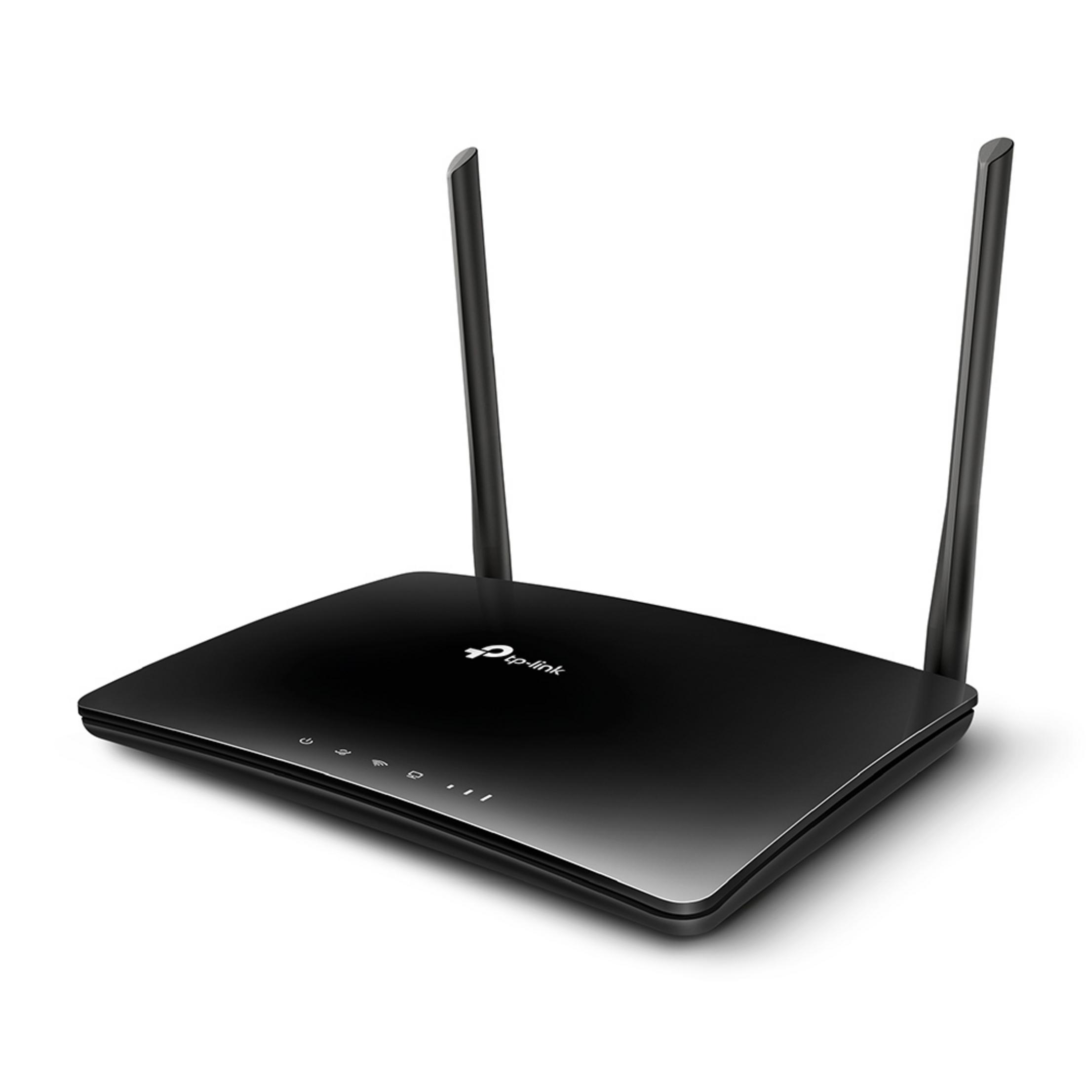 Router tp-link negro con dos antenas, sobre fondo blanco. Luces encendidas.
