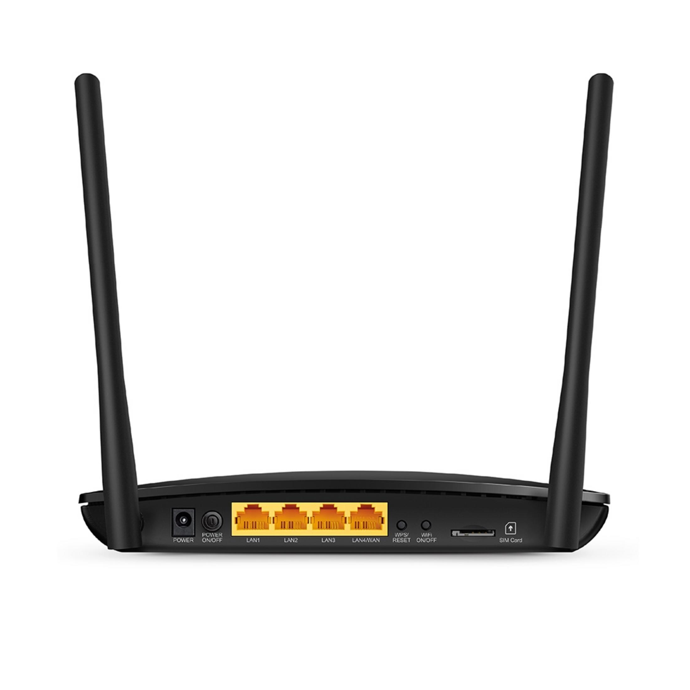 Un enrutador negro con dos antenas. Tiene puertos de alimentación, LAN, WAN, reinicio y tarjeta SIM.
