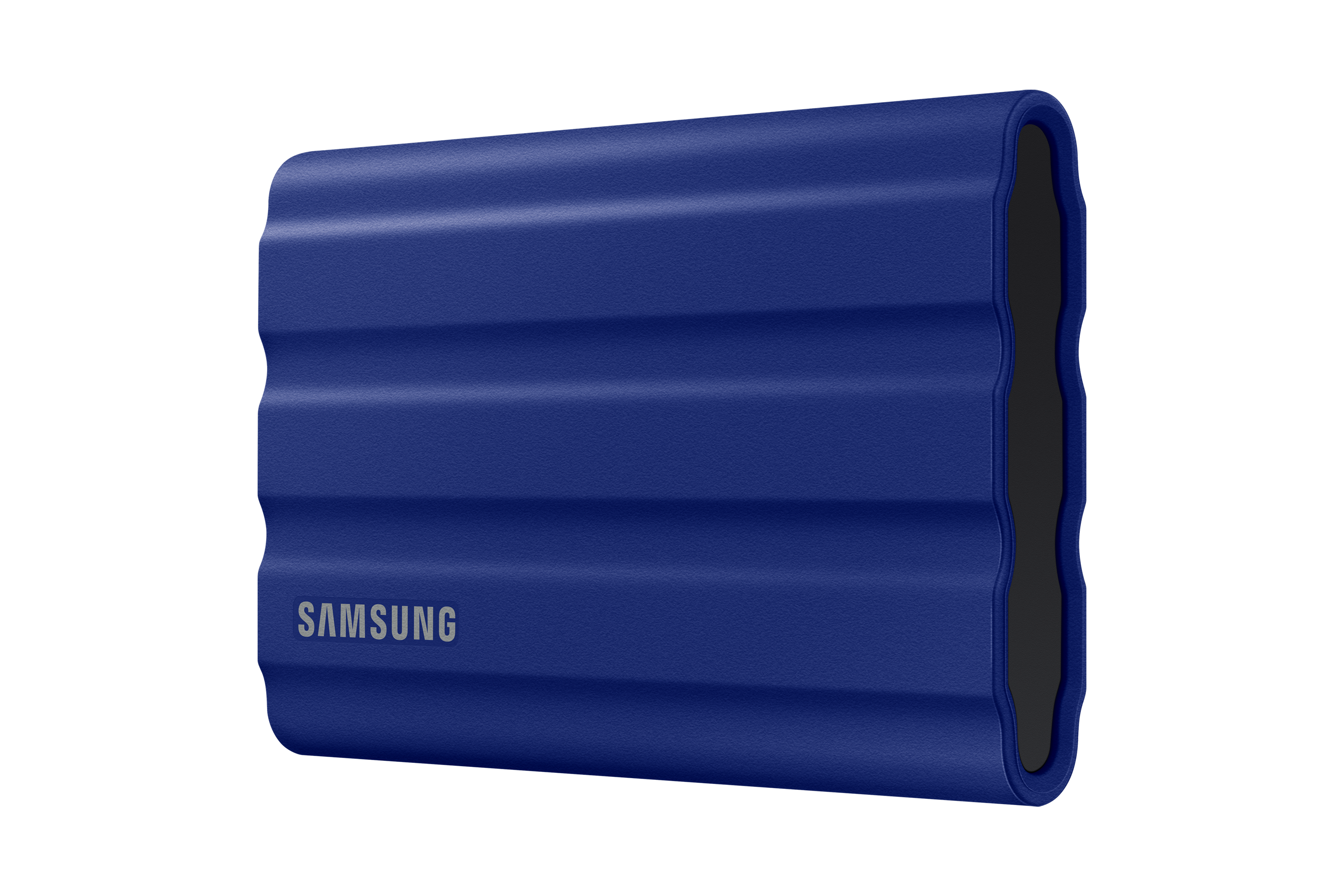 Blaue tragbare Samsung SSD mit geripptem Design. Das Samsung-Logo ist auf der Vorderseite sichtbar.