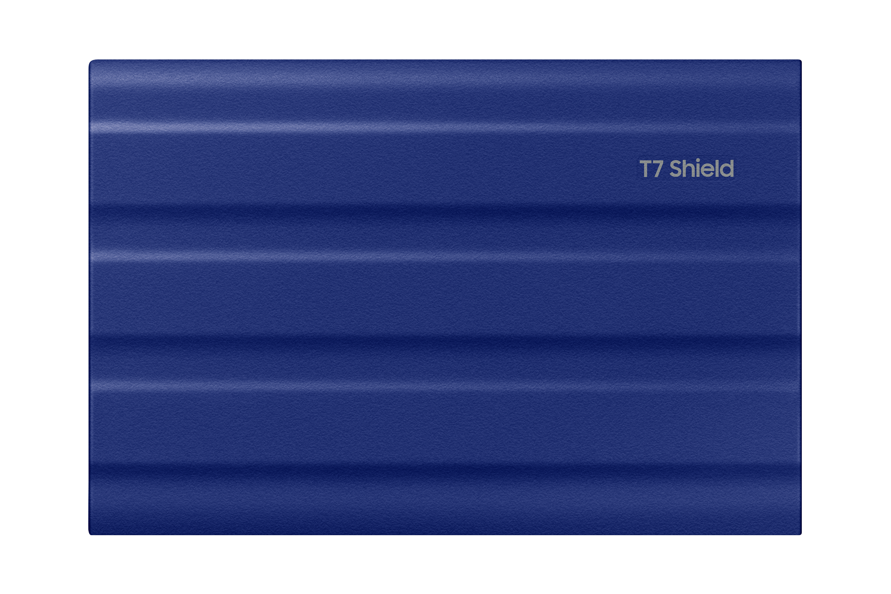 Blaues T7 Shield, strukturierte Oberfläche, horizontale Linien, Marke Samsung, schwarzer Hintergrund.