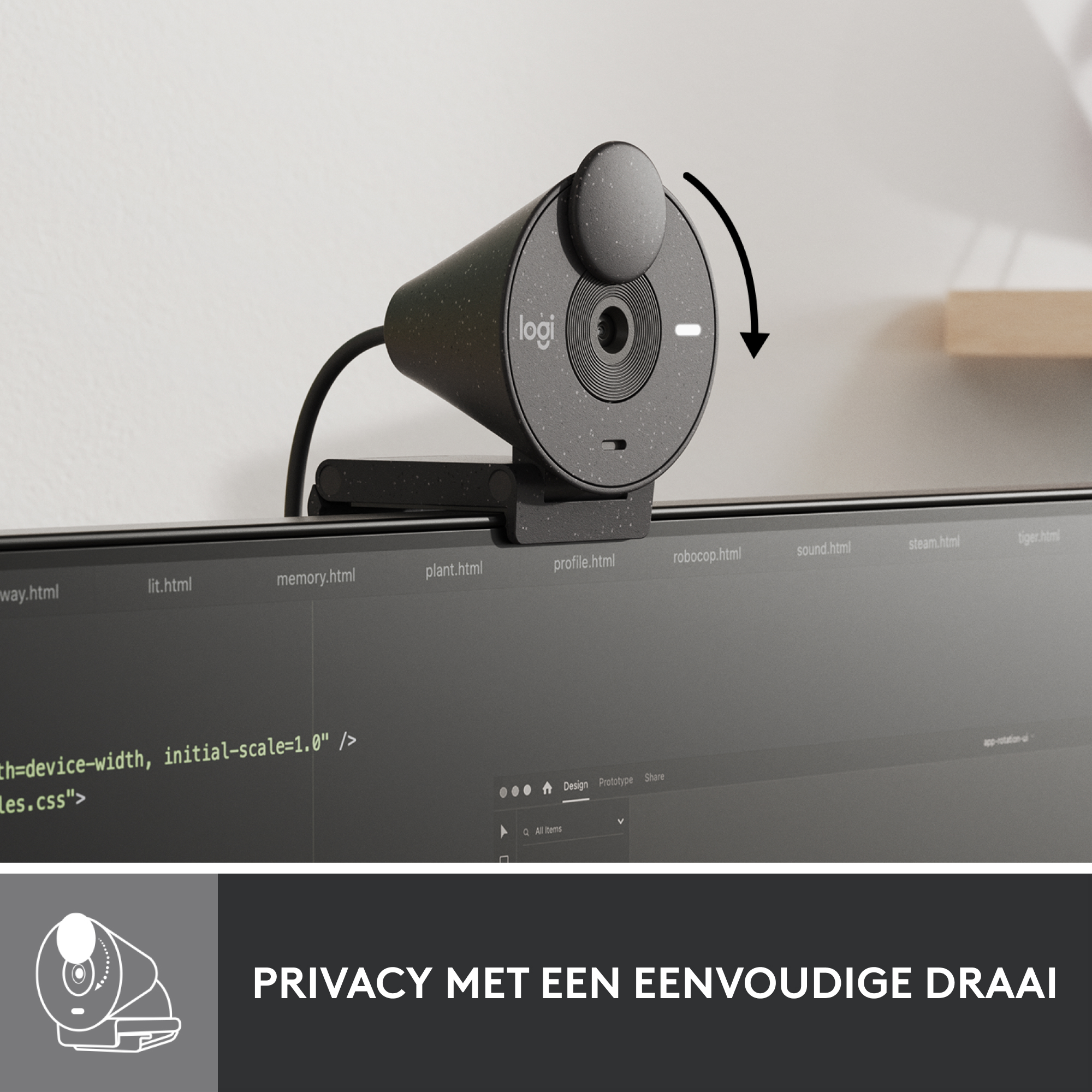 Logi Webcam am Monitor. Das Objektiv kann gedreht werden. Text: 'DATENSCHUTZ DURCH DREHEN'.