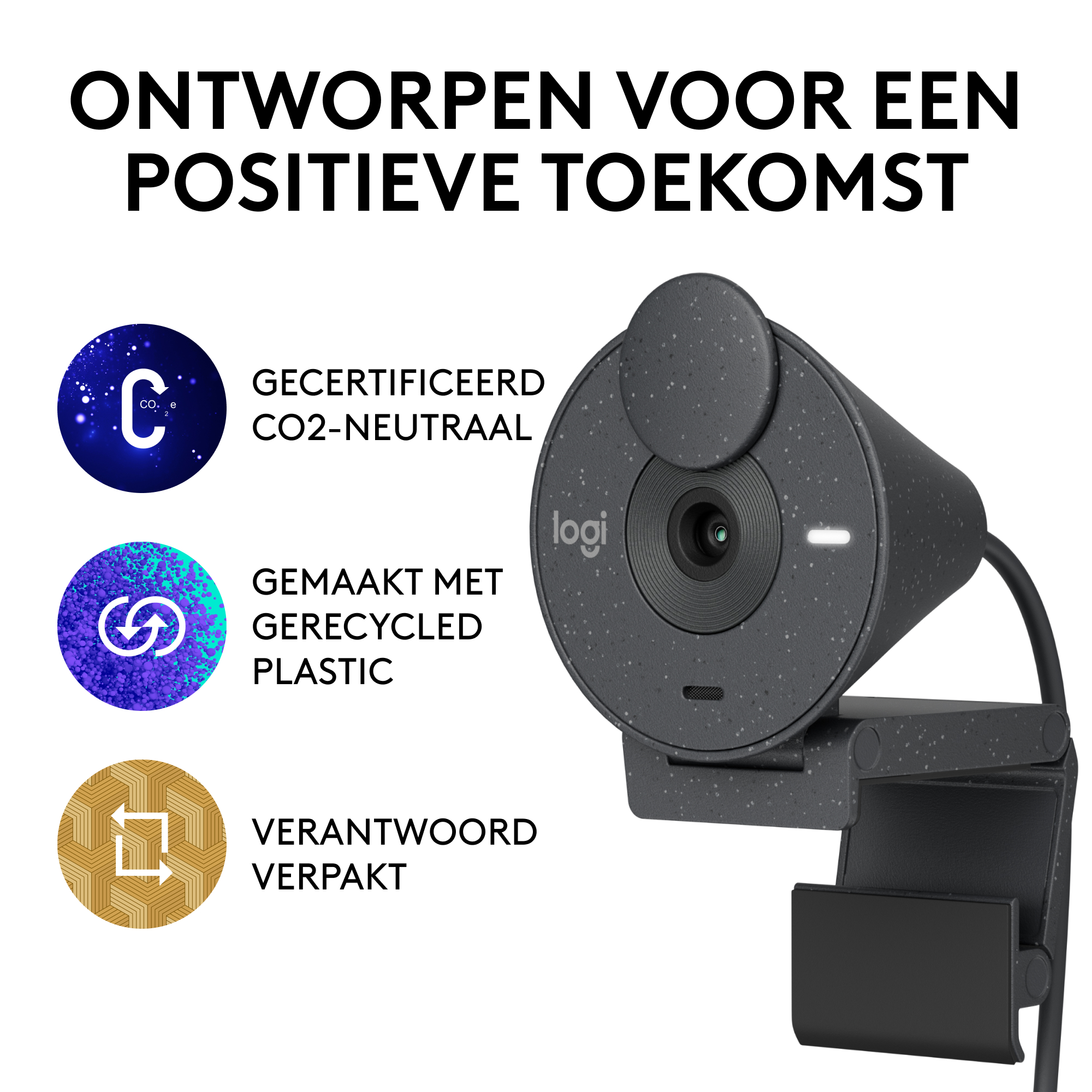 Logi-Webcam mit Text. Schwarze Webcam, Kreise mit Text und ein schwarzer Hintergrund.