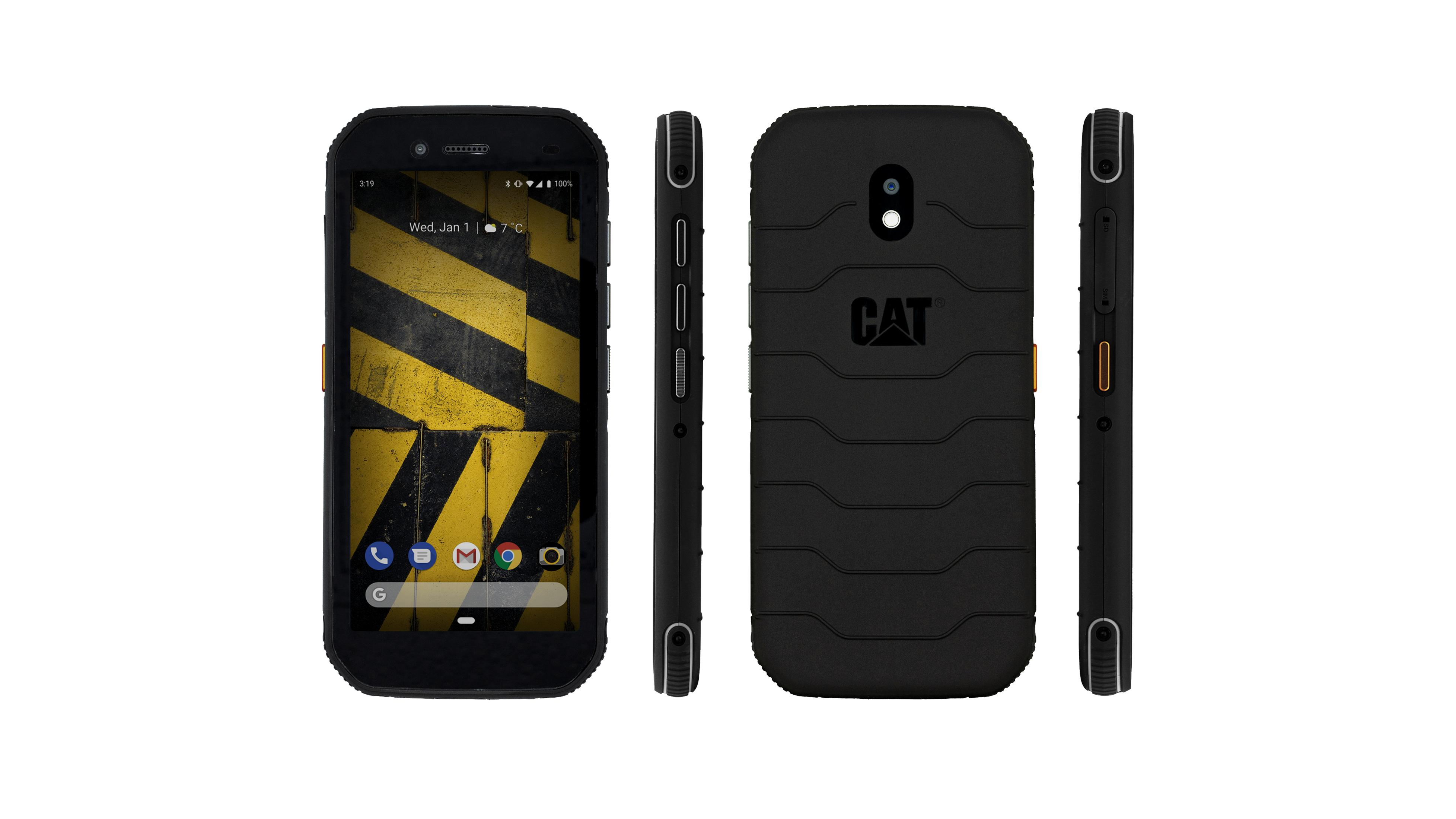 Ein schwarzes Telefon mit gelb-schwarzem Display. Mehrere Ansichten vor weißem Hintergrund.