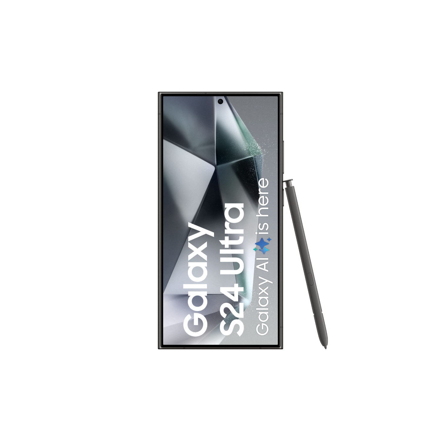 Wyświetlany jest czarny telefon z rysikiem, wyśrodkowany na czarnym tle. Telefon jest otwarty.