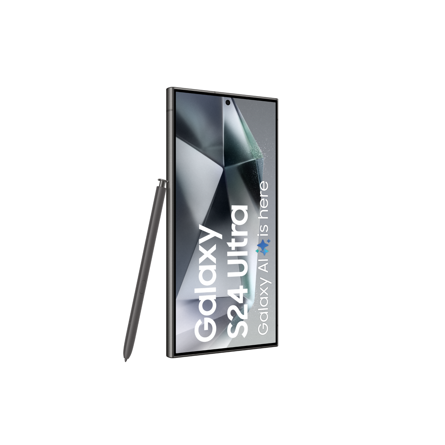 Telefon i rysik na czarnym tle. Telefon wyświetla tekst: Galaxy S24 Ultra.