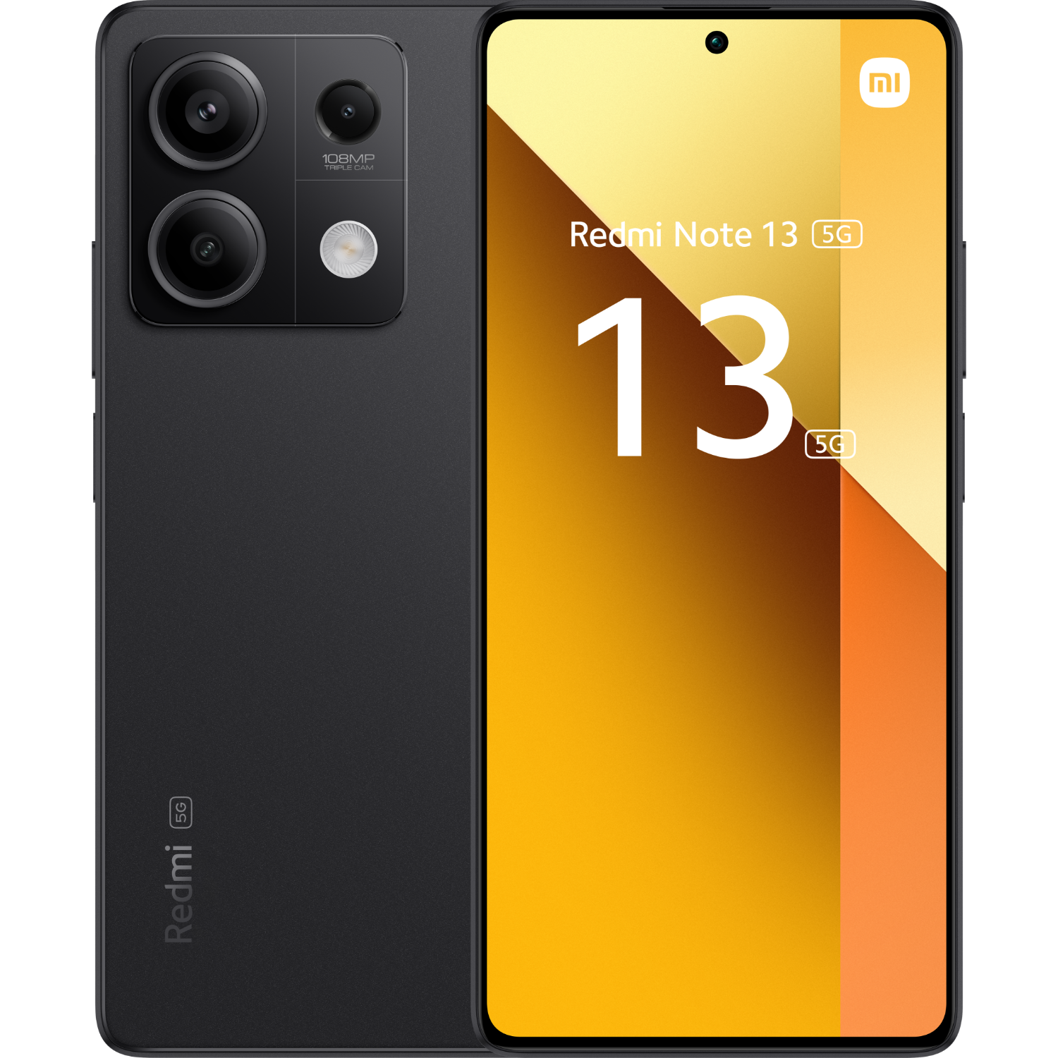 Smartphone mit schwarzer Rückseite und goldenem Bildschirm. Mit Redmi-Logo und drei Kameras.