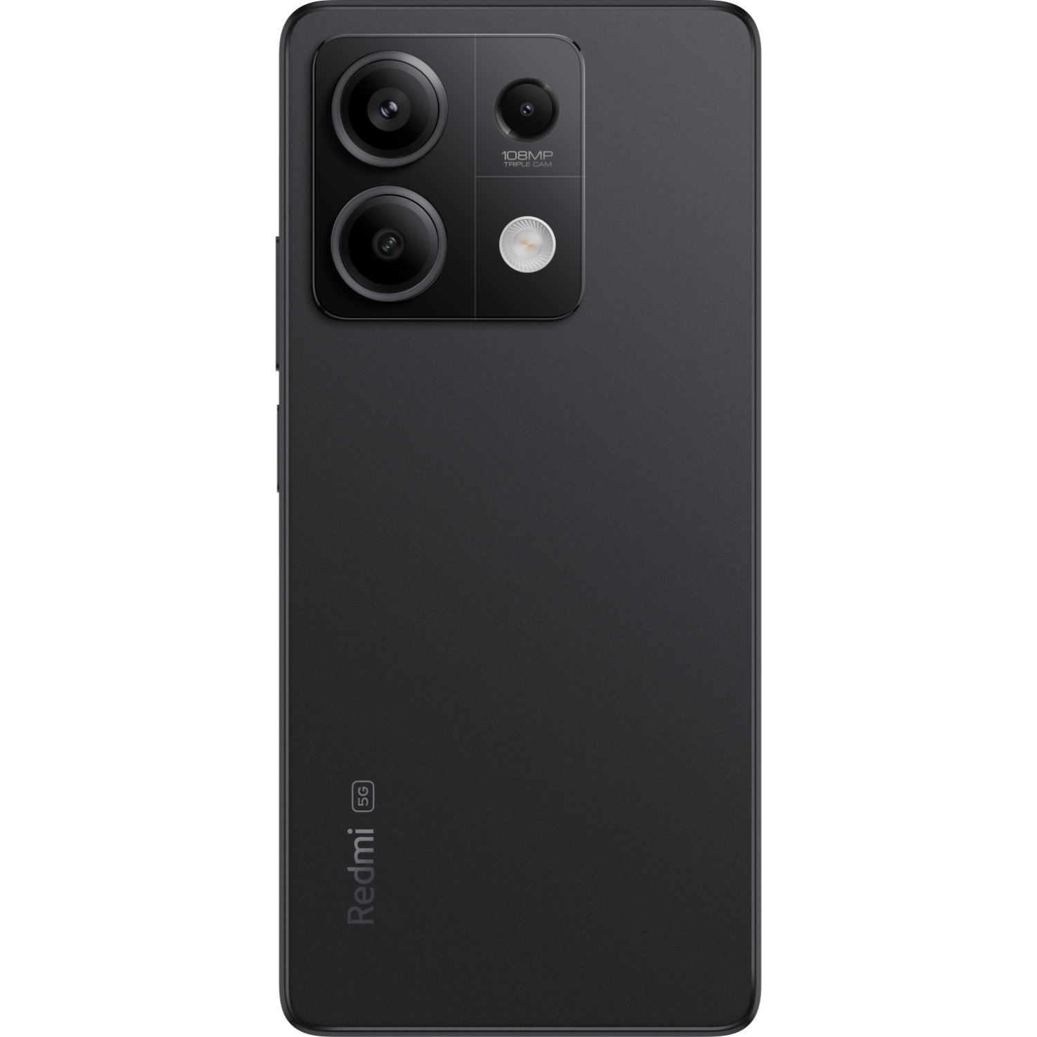 Czarny tył smartfona z trzema aparatami i logo Redmi, czarne tło.