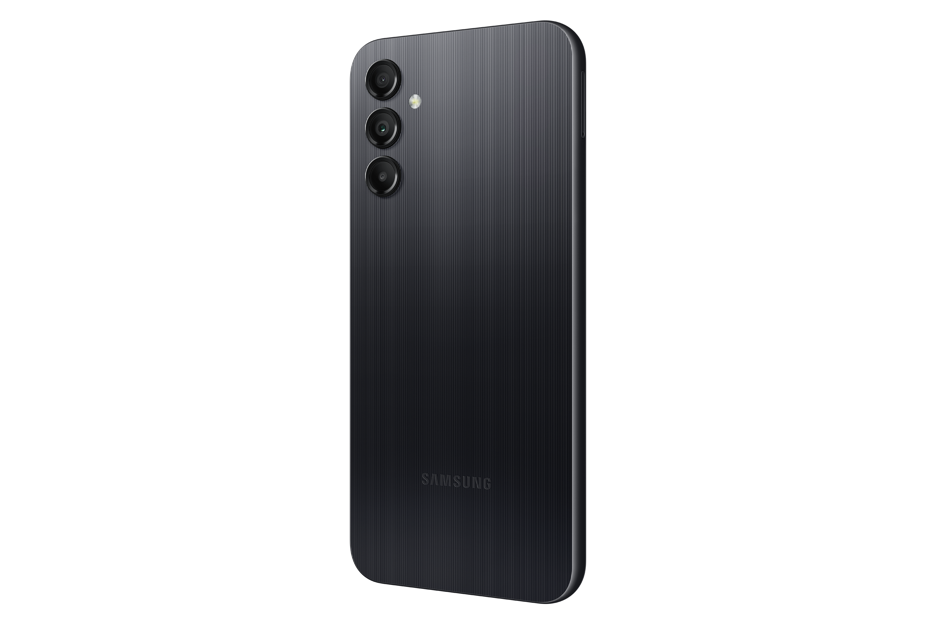 Rückseite eines schwarzen Smartphones mit drei Kameras und Samsung-Logo auf schwarzem Hintergrund.