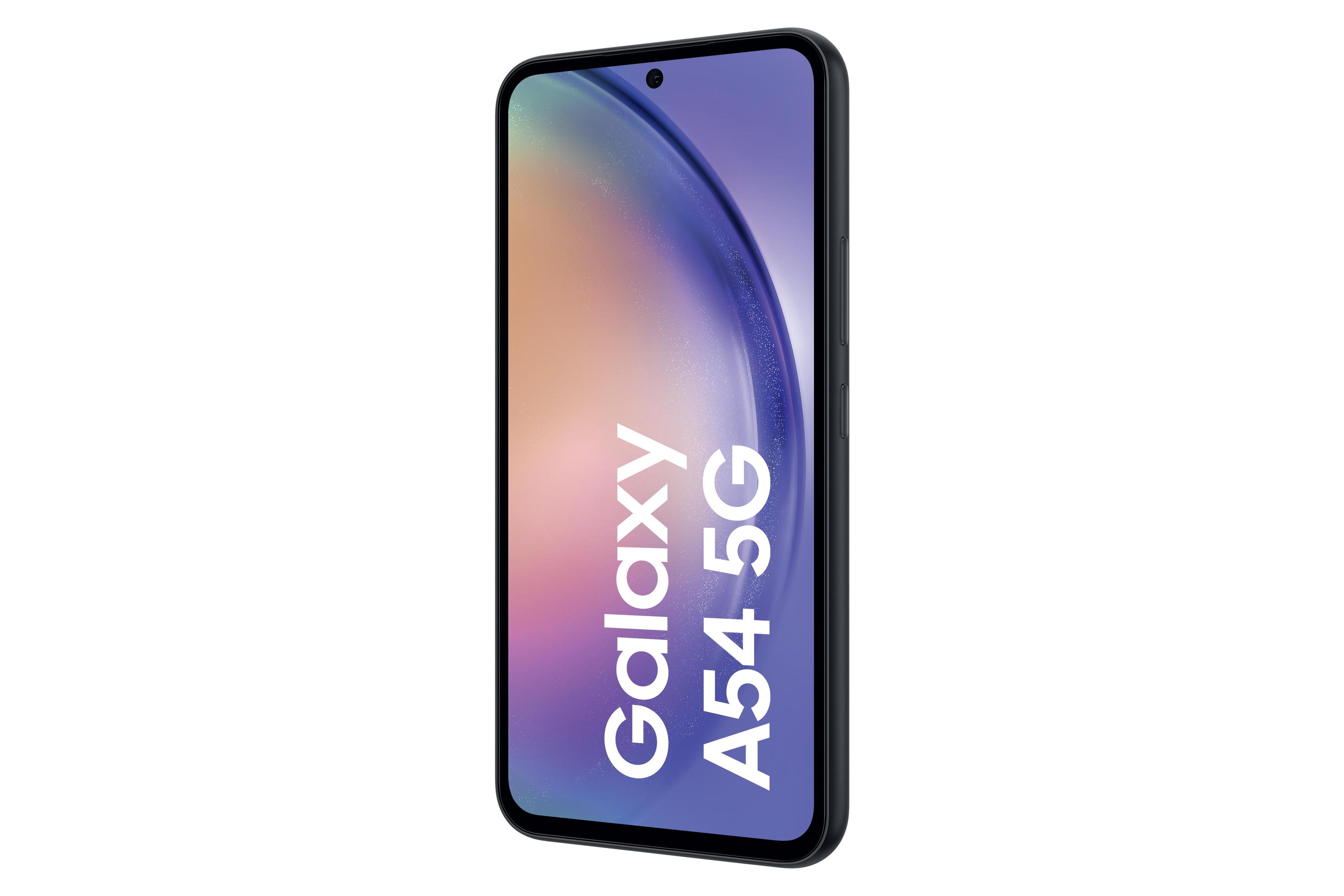 Samsung Galaxy A54 5G-Telefon, schwarzer Rahmen, lila Bildschirm, weißer Text.