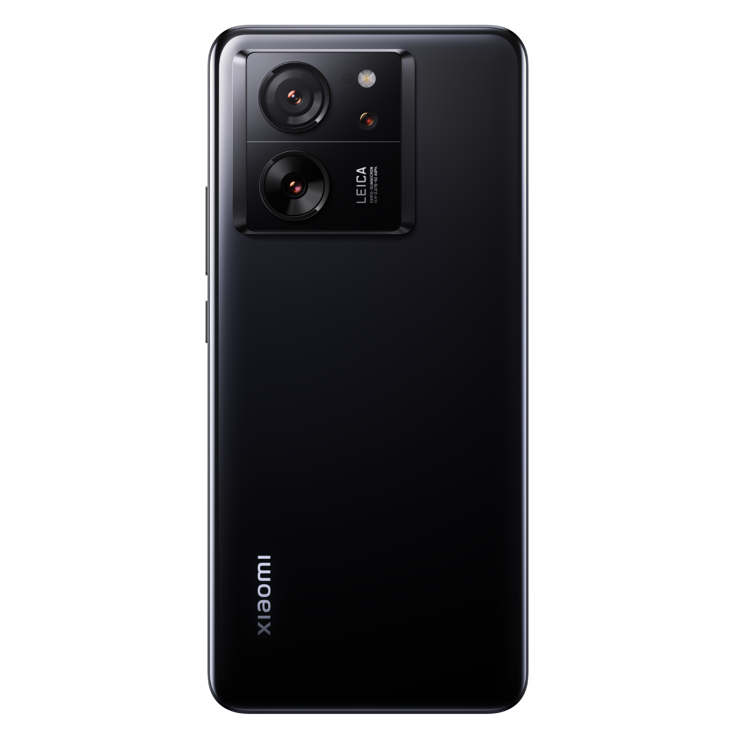 Tył czarnego telefonu z aparatami Leica. Logo Xiaomi na dole. Czarne tło.