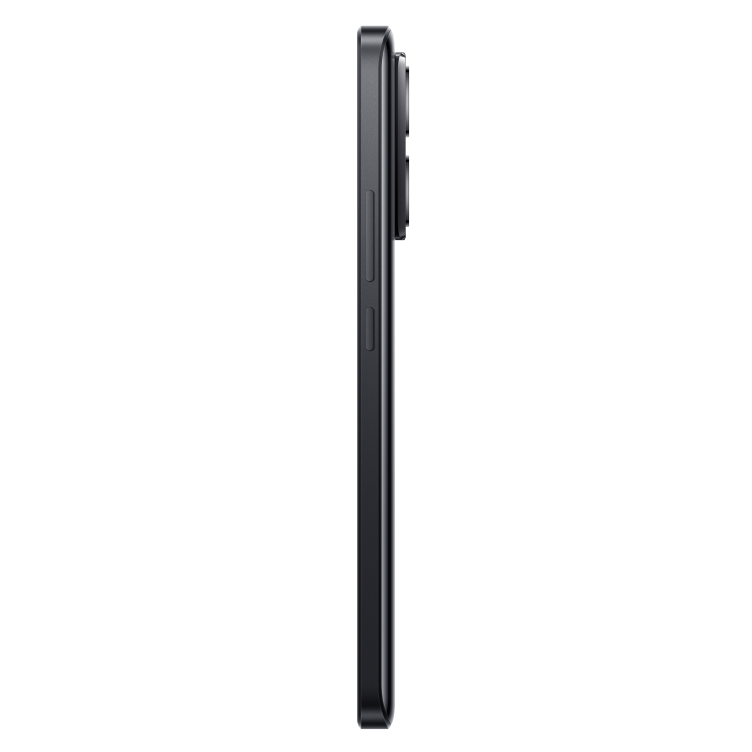 Widok z boku czarnego smartfona. Aparat z tyłu, wraz z przyciskami i regulacją głośności.