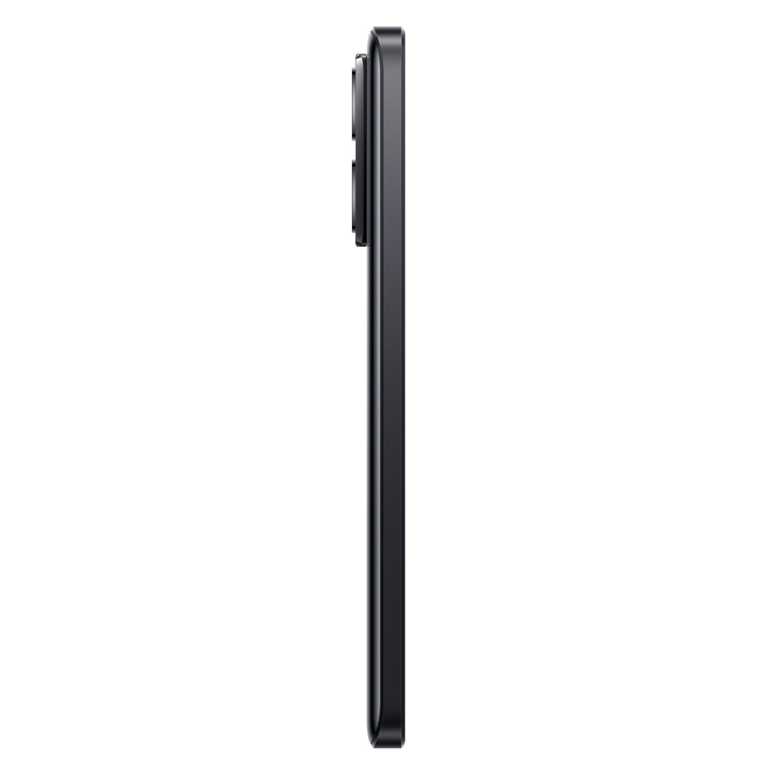 Widok z boku czarnego smartfona z wypukłością aparatu na czarnym tle.