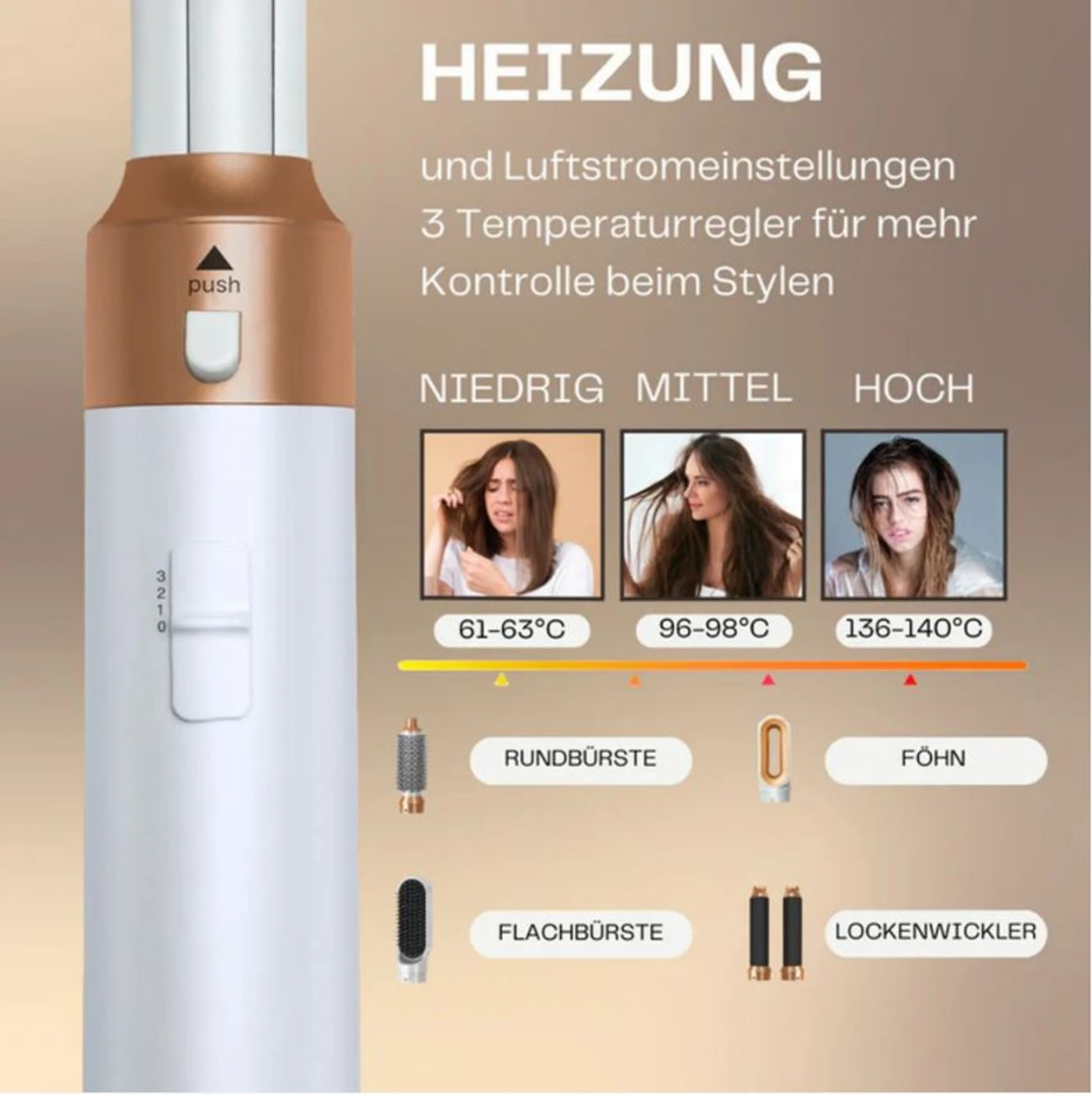 Ein weißes und roségoldenes Haarstyling-Gerät mit Bildern von Haartypen und Temperatureinstellungen.