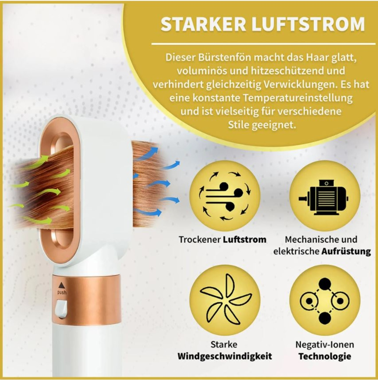 Ein Haarstyler mit Text. Der Text beschreibt die Eigenschaften des Stylers.