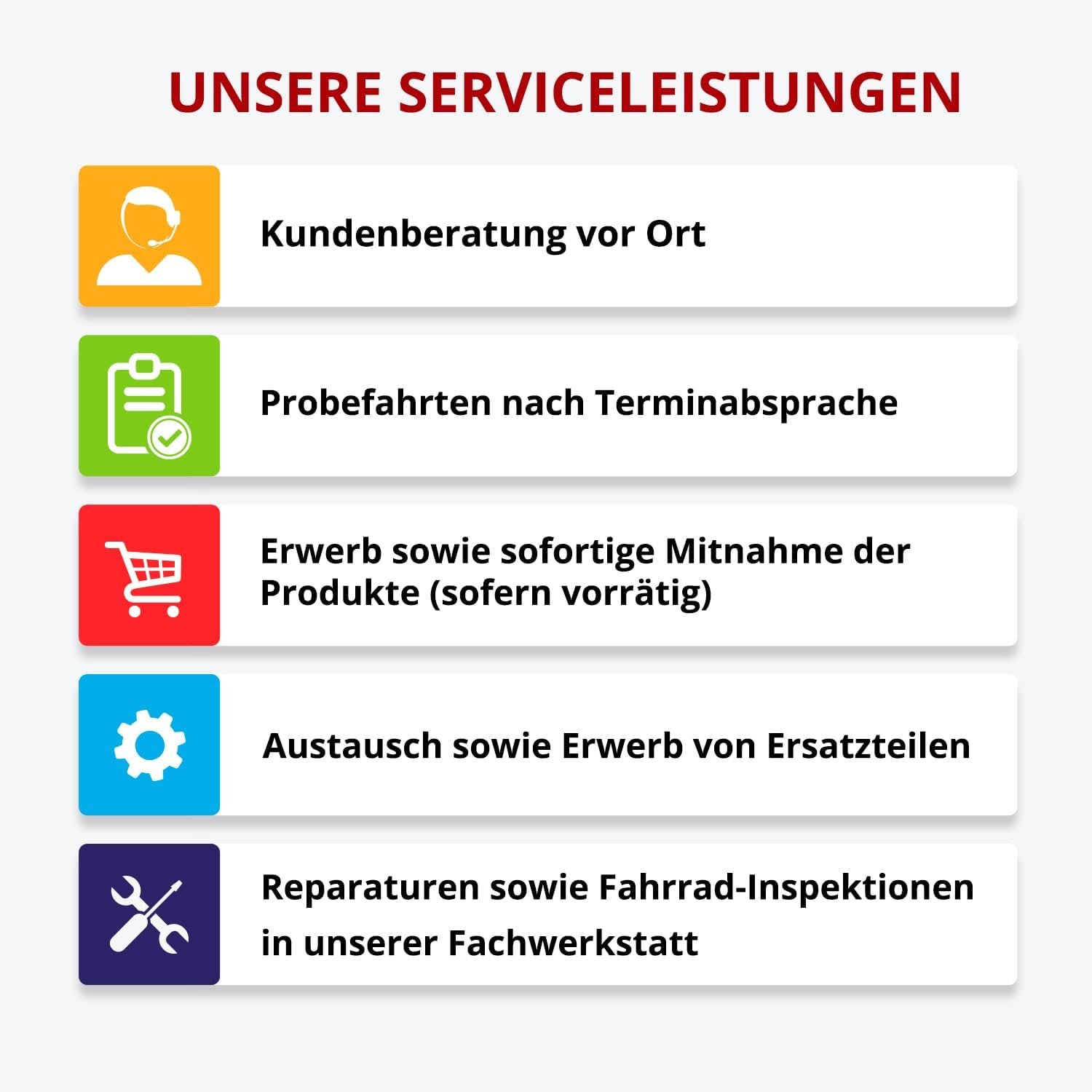 Grafik mit Kundendienstoptionen. Symbole und Text: Beratung, Probefahrten, Kauf, Austausch/Teile, Reparatur.