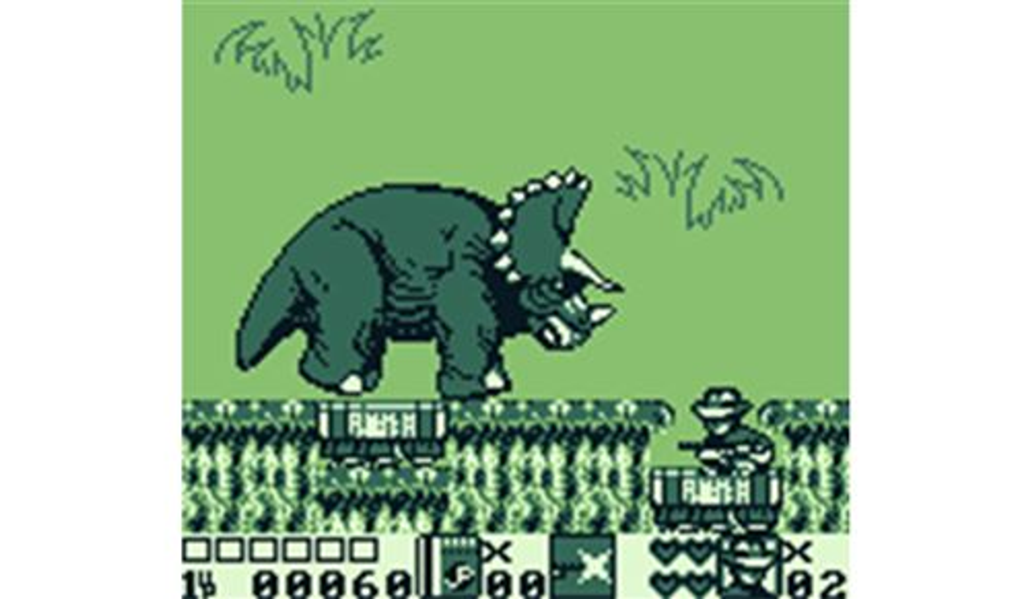 Zrzut ekranu z gry wideo 8-bit. Dinozaur i mężczyzna z bronią na zielonym tle.