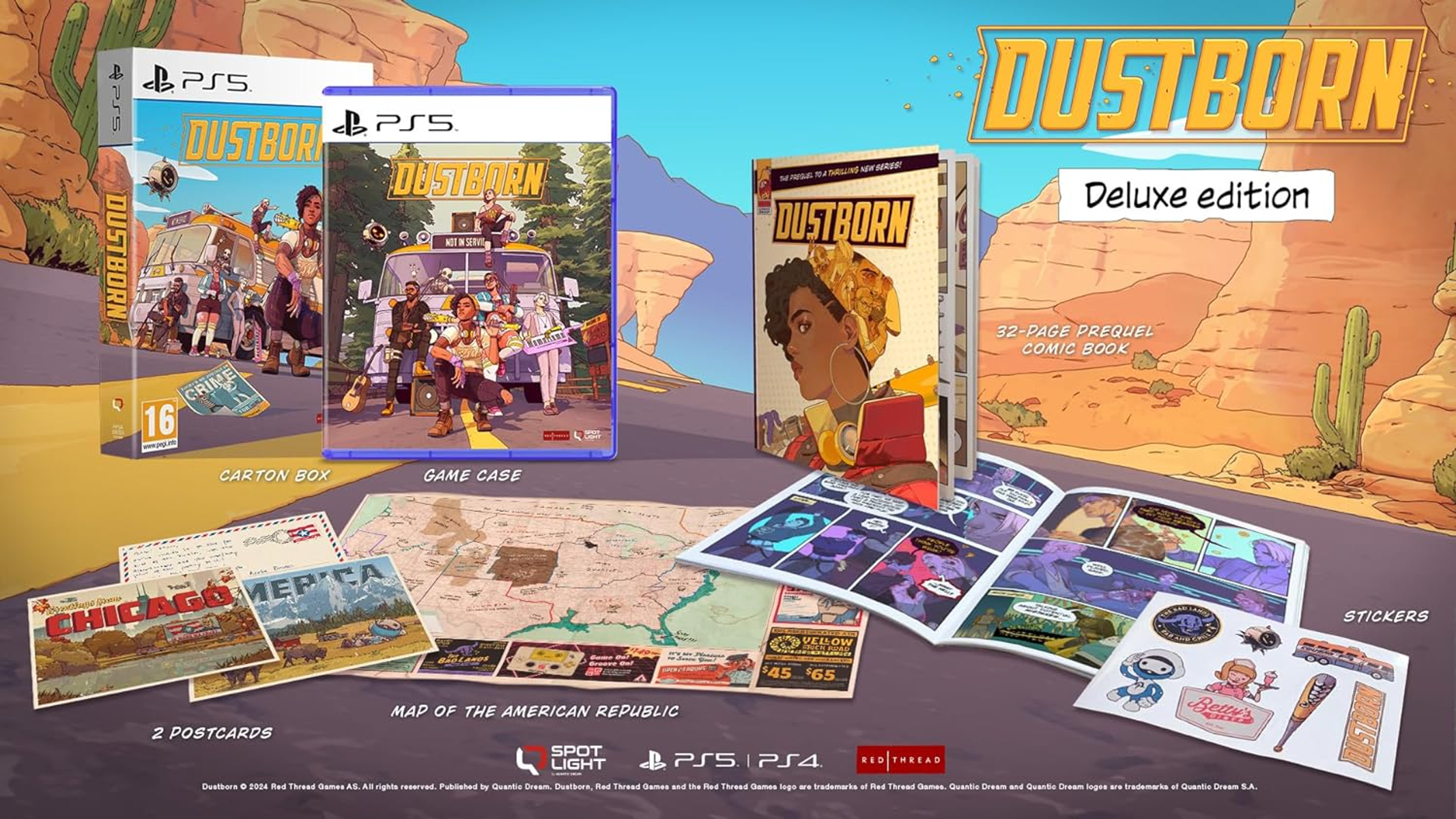 Set di gioco Dustborn Deluxe Edition con custodia del gioco, fumetto e mappa.