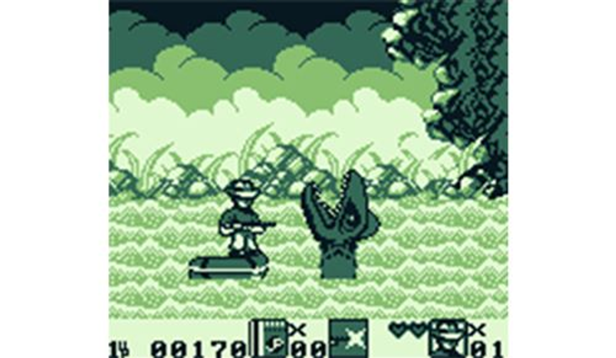 Zielony ekran Game Boya pokazujący pikselową scenę z dinozaurem.