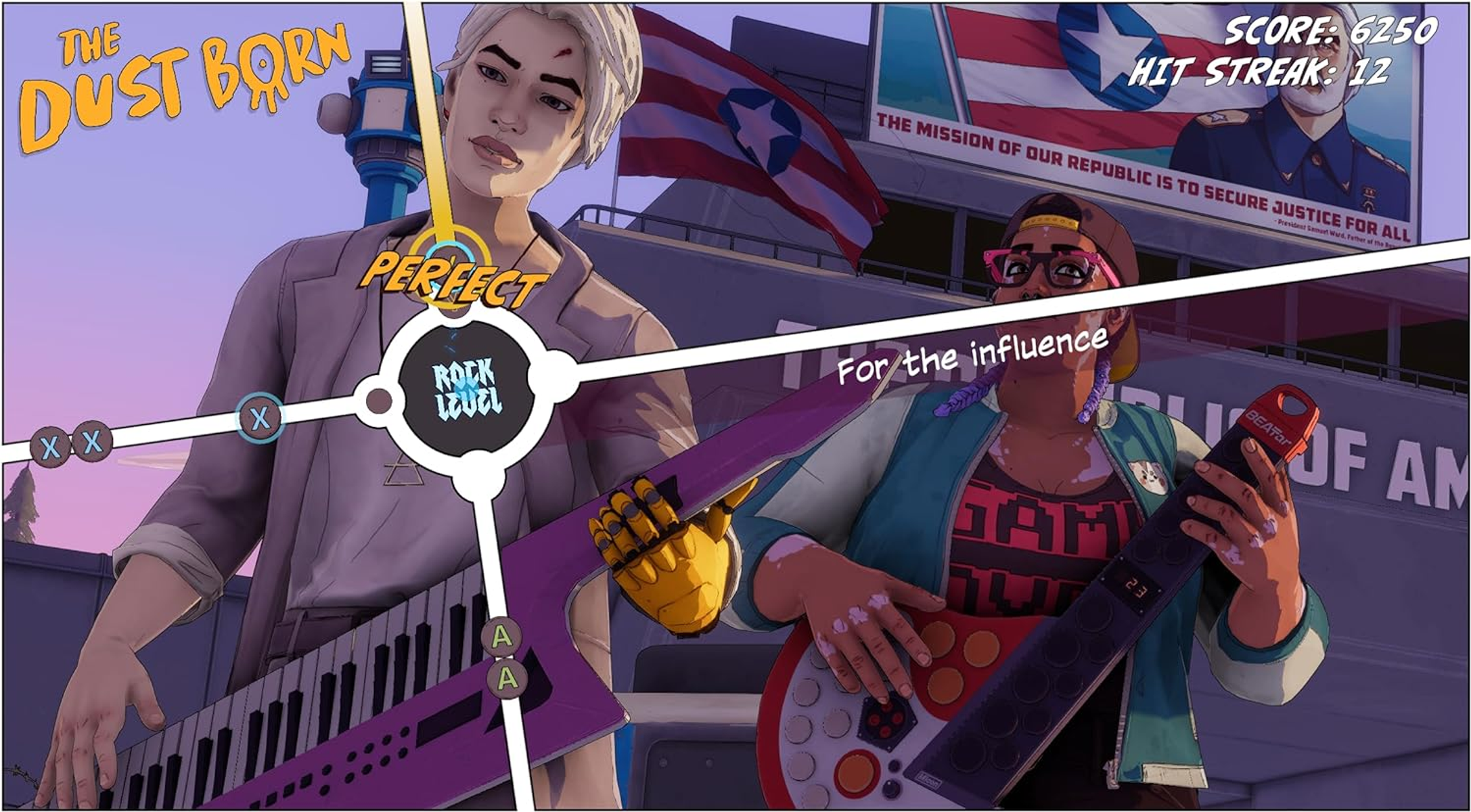 Scena di gioco in stile fumetto con due personaggi che suonano strumenti.