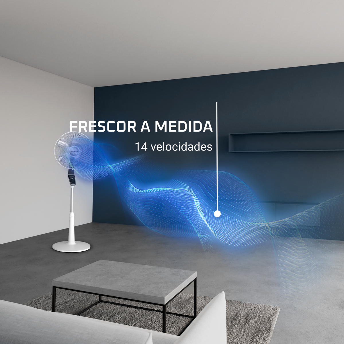 Biały wentylator w pokoju. Niebieskie powietrze wypływa z wentylatora. Tekst mówi: 'FRESCO A MEDIDA'.