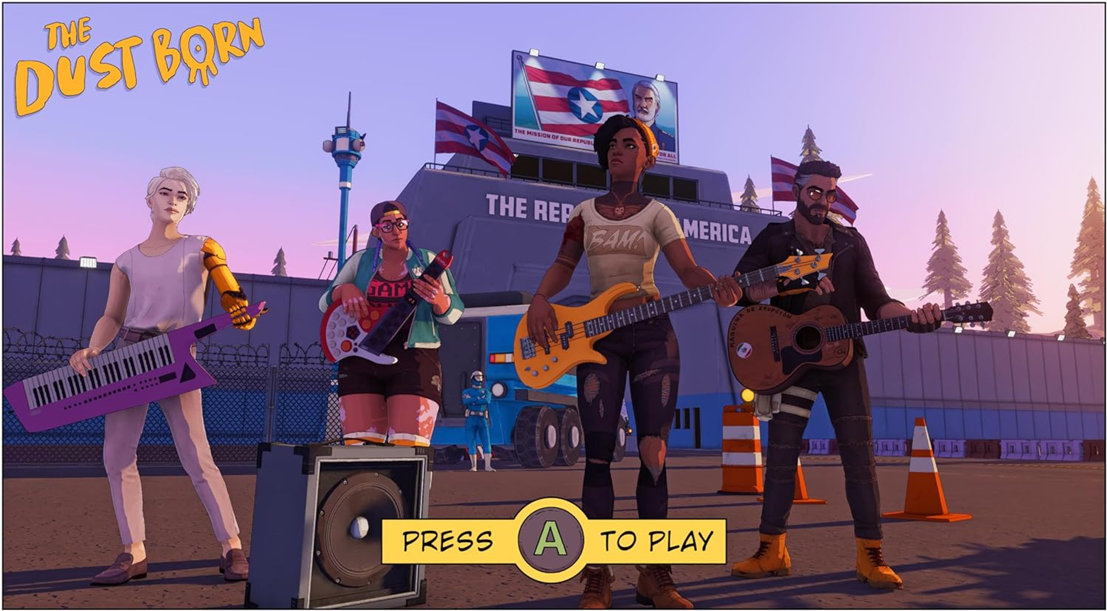 Interfaccia di gioco di 'The Dust Born' con membri della band e 'Press A to Play'.