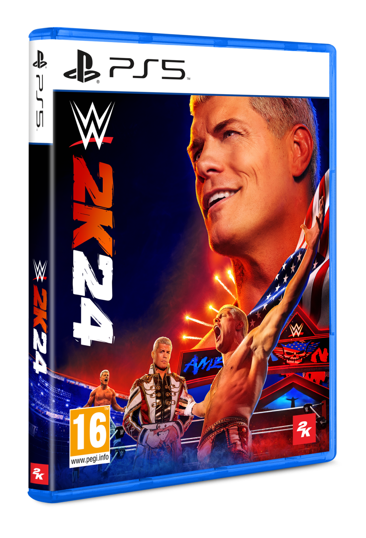 Pudełko z grą WWE 2K24 PS5 z uśmiechniętym mężczyzną na okładce, otoczone obrazami wrestlingu.