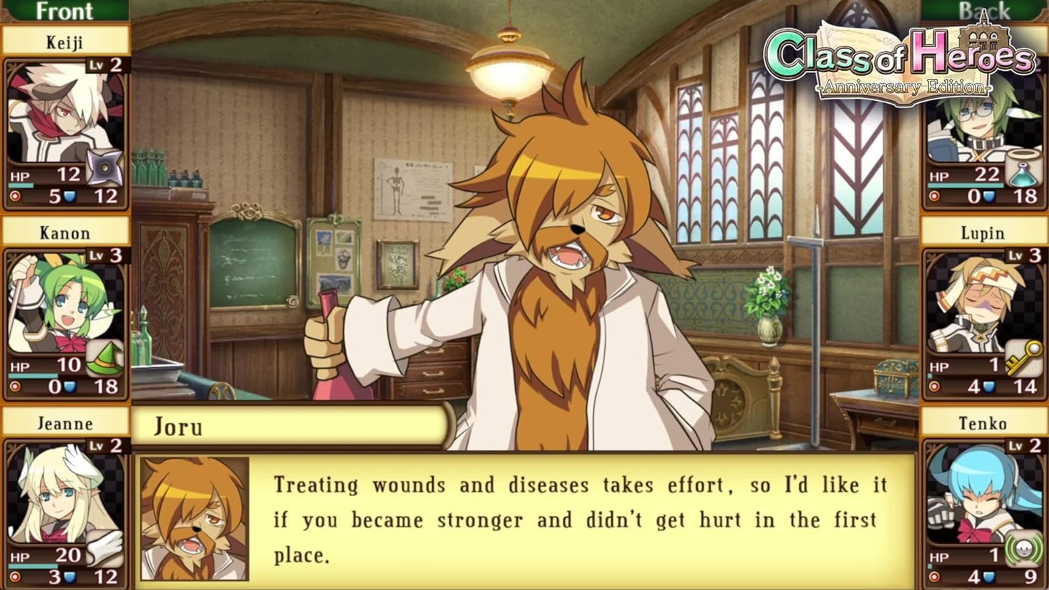 Escena de juego estilo anime. Un personaje canino habla.