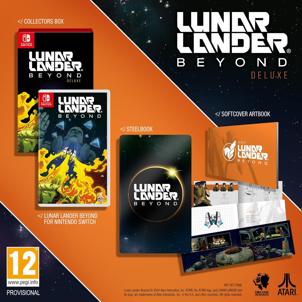 Caja de juego para Lunar Lander Beyond Deluxe para Nintendo Switch, con contenido del juego.
