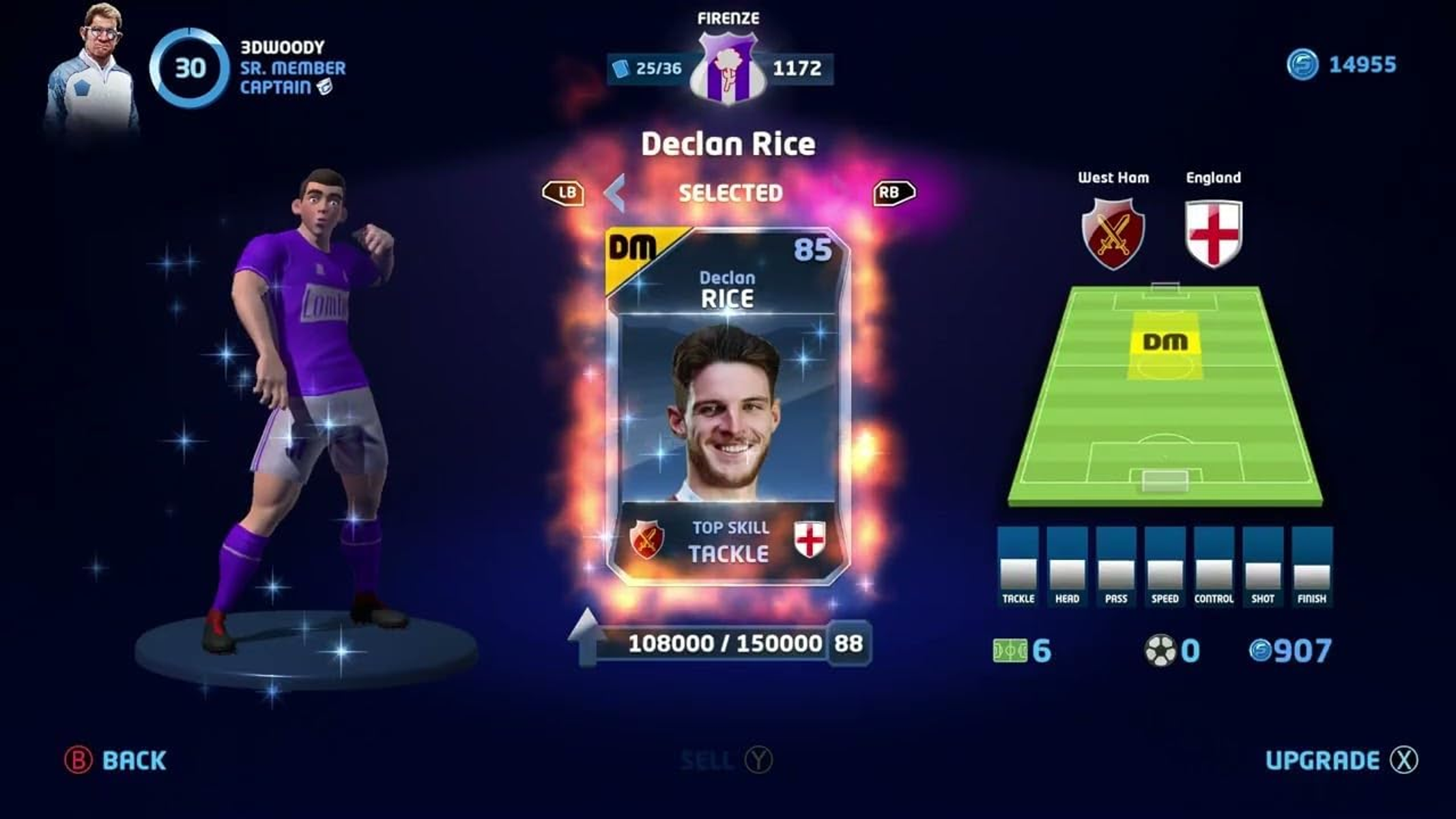 Ekran gry wideo pokazujący kartę piłkarza, Declan Rice, i informacje o drużynie.