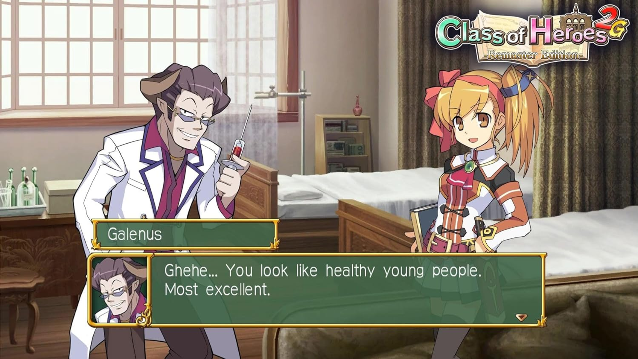 Escena de anime: un médico con jeringa habla con una chica. Fondo con camas y ventana.