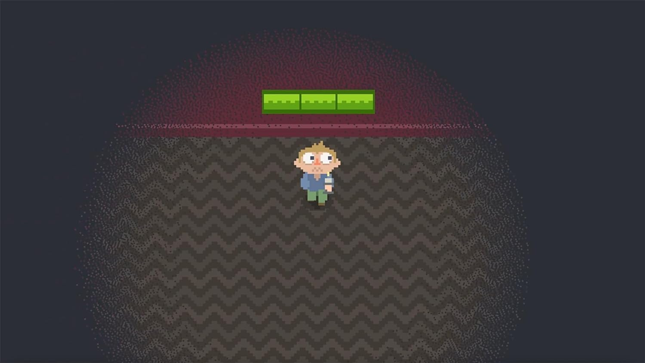 Spikselowana postać z kreskówki stoi w ciemnym pokoju z zielonym paskiem nad nią.