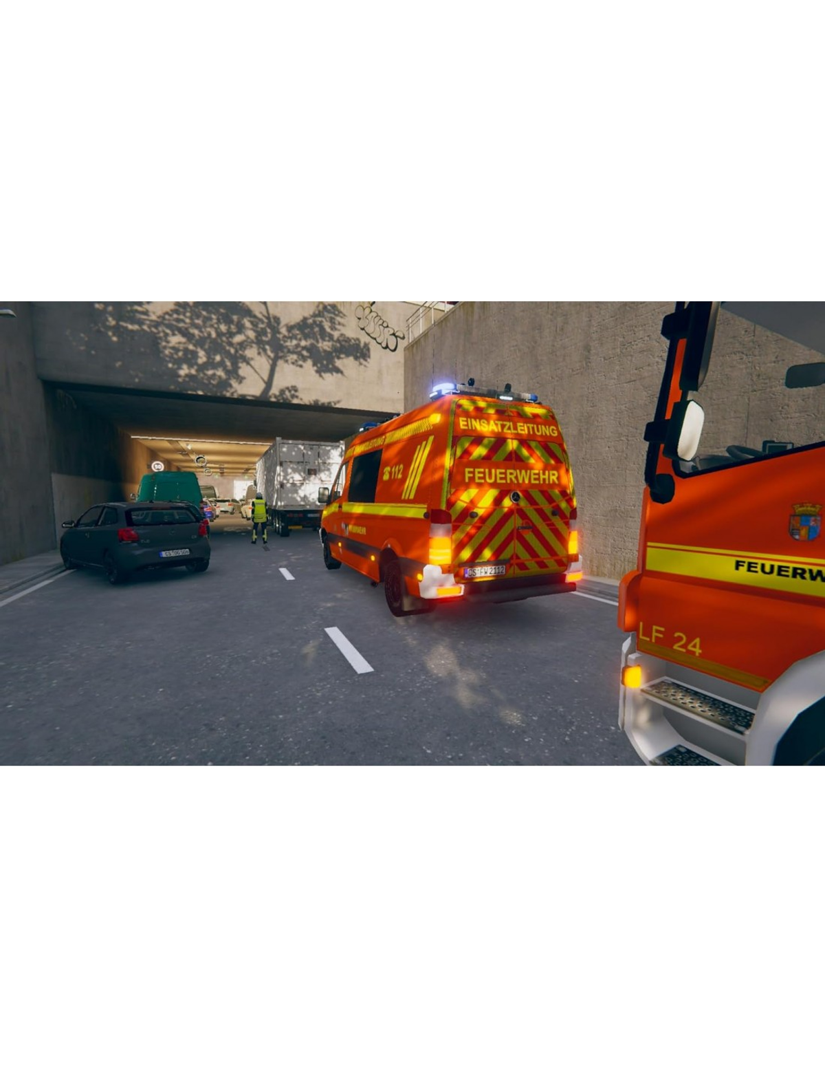 Una scena di strada con un camion dei pompieri e un'ambulanza. Ci sono persone in giro.