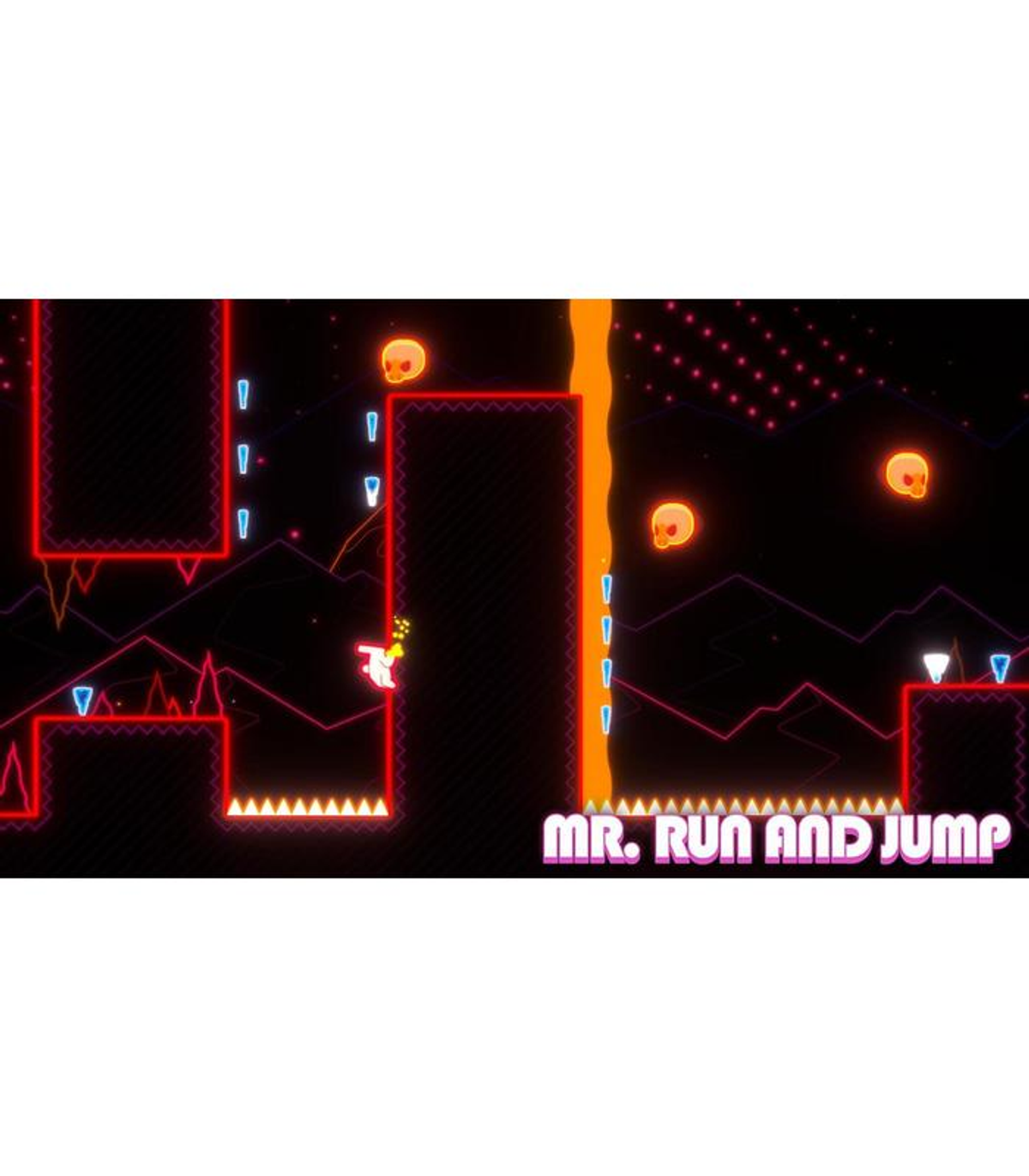 Scena di videogioco: personaggio che corre, lava, piattaforme rosse.