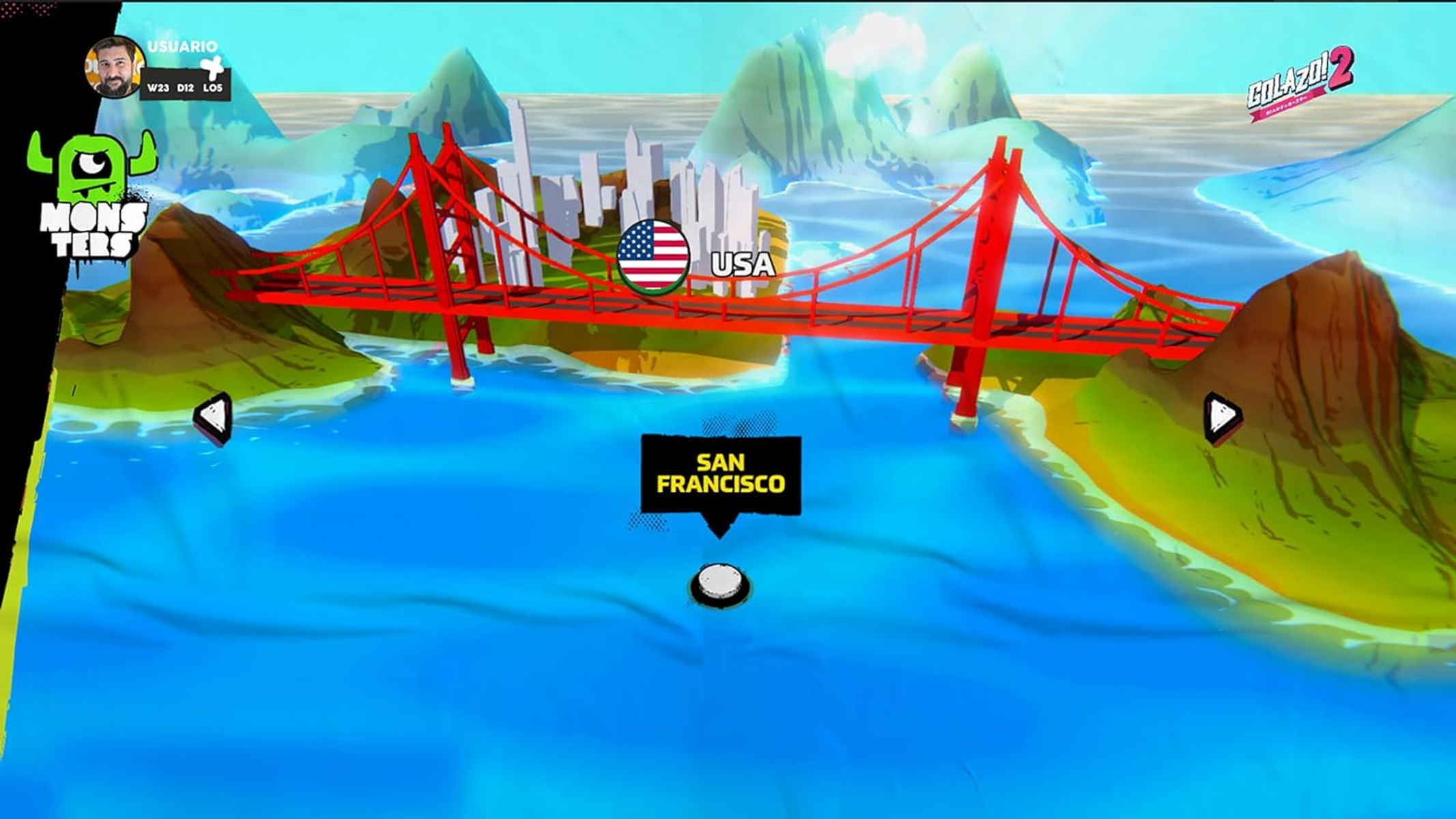 Kreskówkowe przedstawienie San Francisco z czerwonym mostem, etykietą USA i wodą.