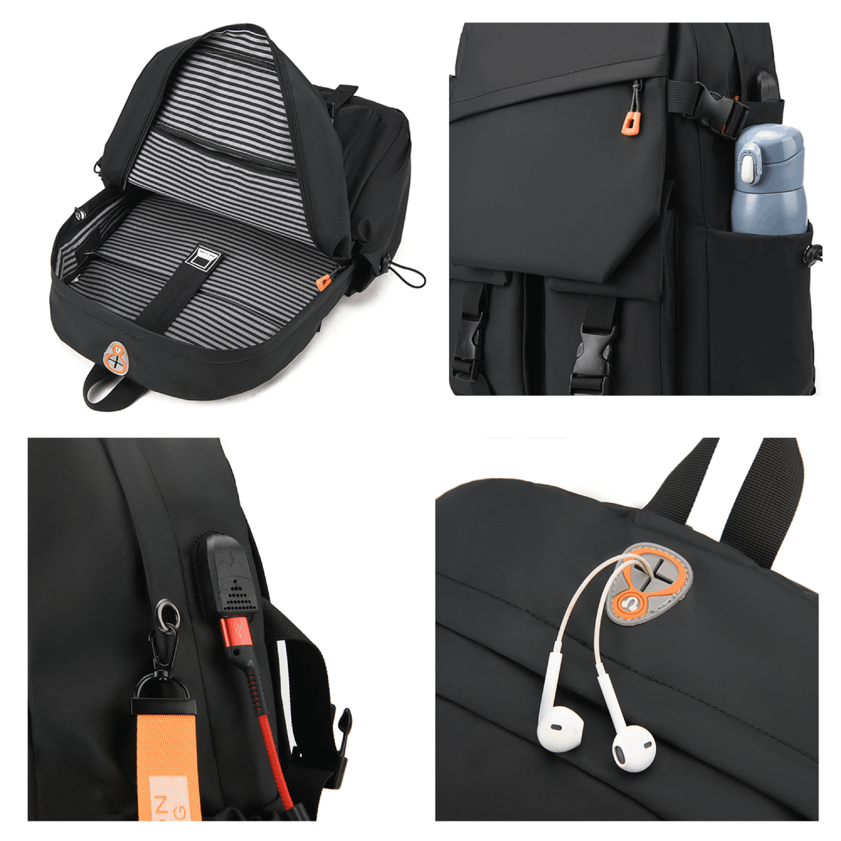 Uno zaino nero con più scomparti, aperto per mostrare la fodera a righe e i dettagli degli accessori.
