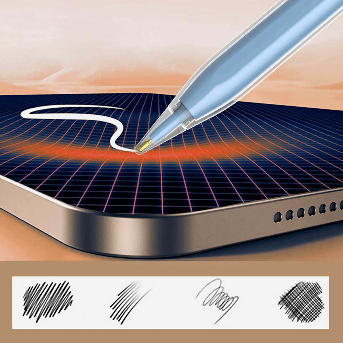 Ein Stift, der auf einem Tablet zeichnet, mit Beispielstrichen darunter.
