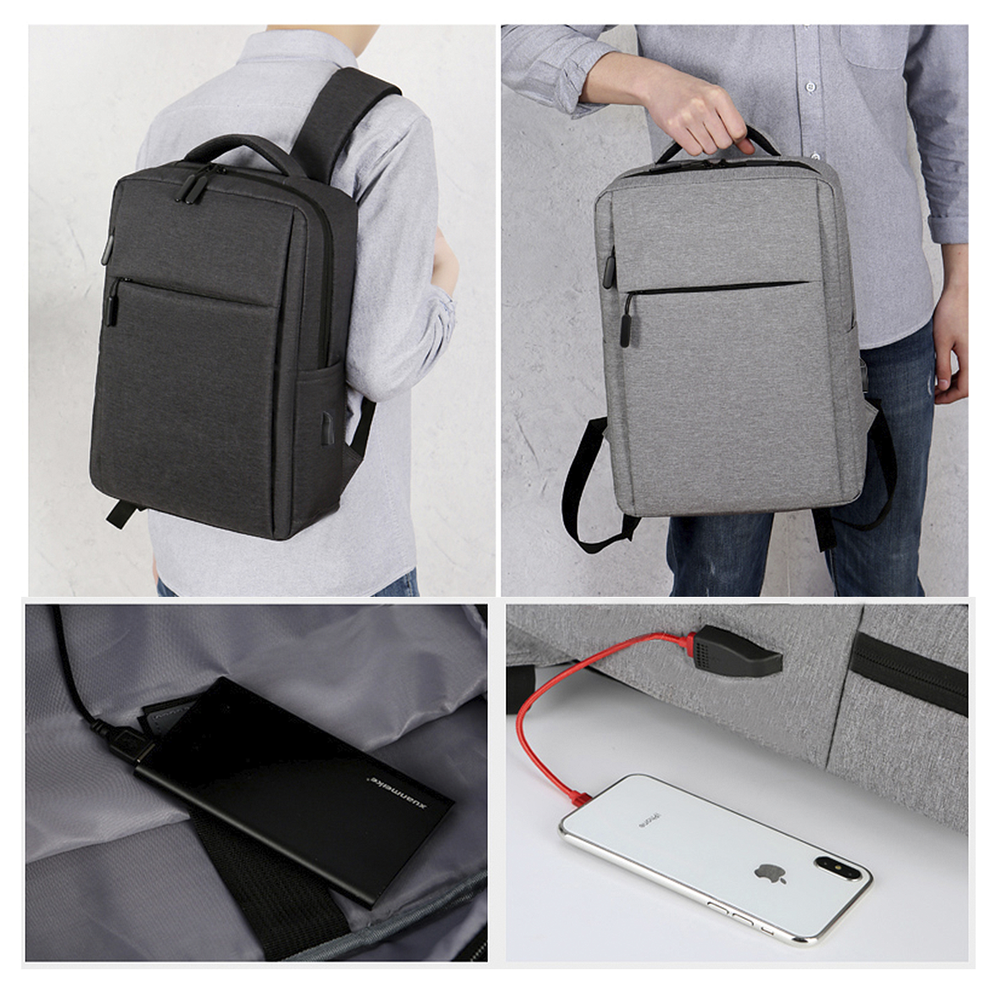 Quattro immagini che mostrano una persona con due diversi zaini e un power bank che carica un telefono.