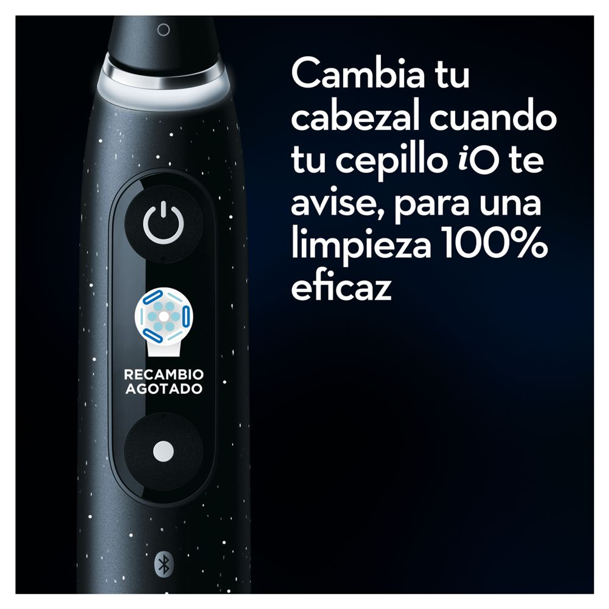 Uno spazzolino elettrico nero con un pulsante. Il testo dice di cambiare la testina.