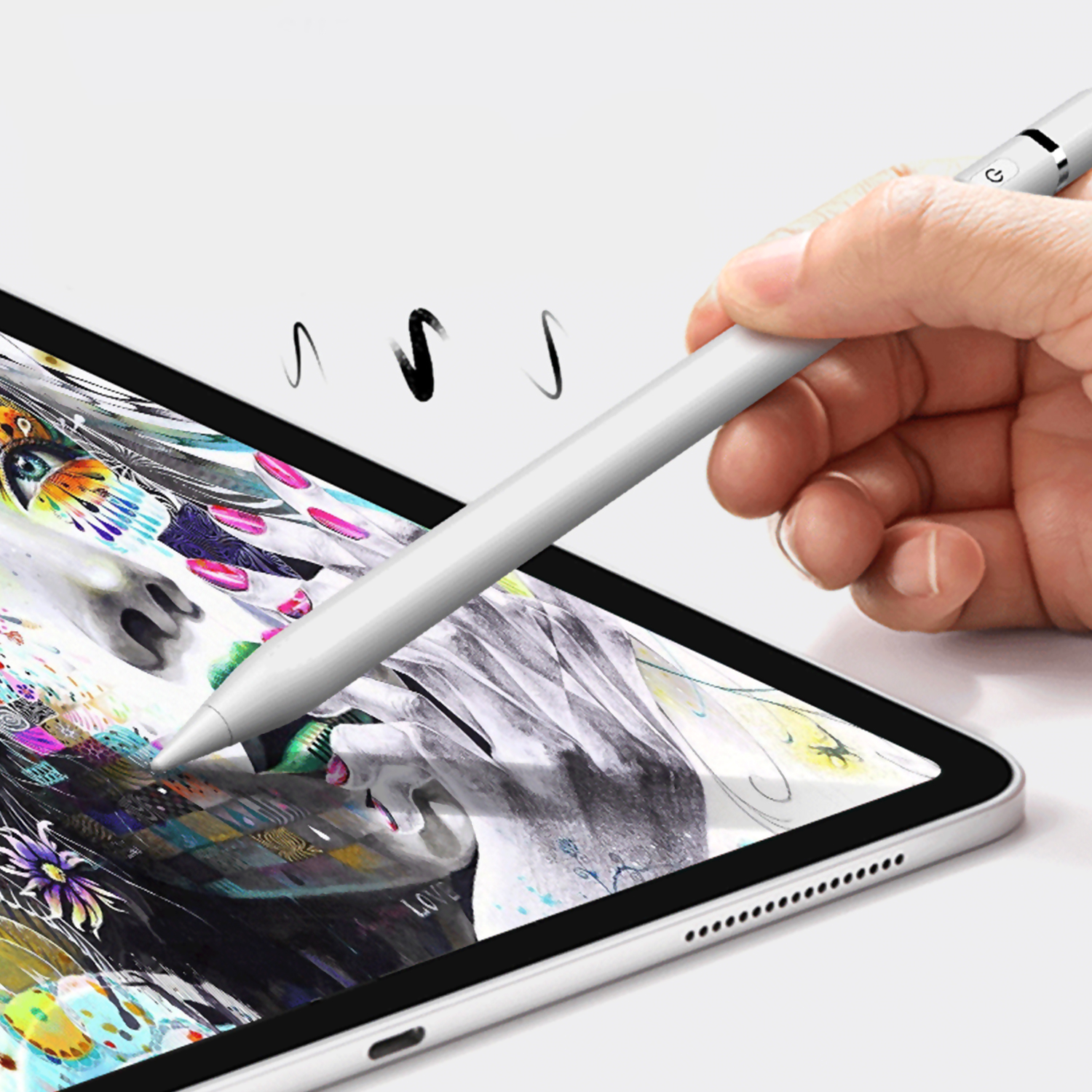 Una mano sosteniendo un lápiz óptico blanco sobre una tableta que muestra una obra de arte digital colorida.