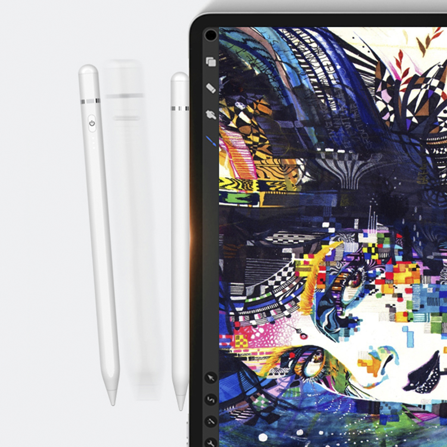 Eingabestifte und ein iPad mit einer abstrakten, farbenfrohen Zeichnung.