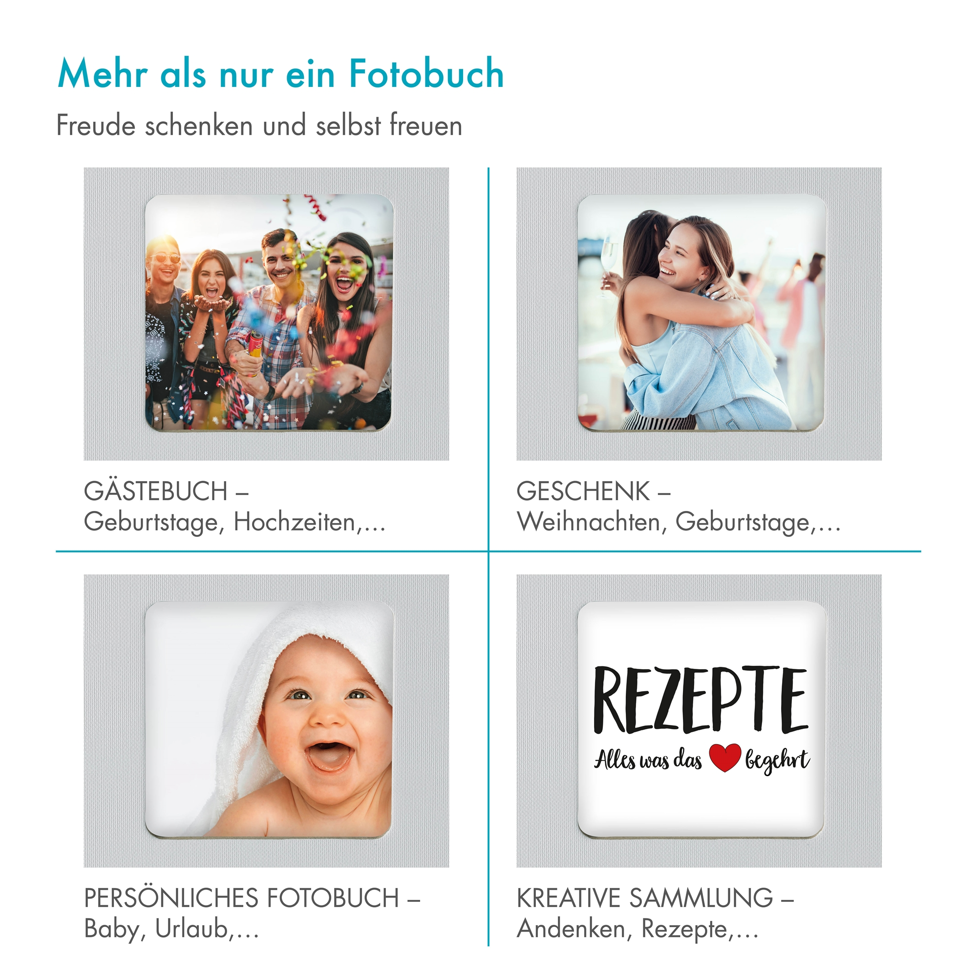 Vier Bilder von Fotobüchern mit verschiedenen Themen: Gäste, Geschenke, Baby und Rezepte.