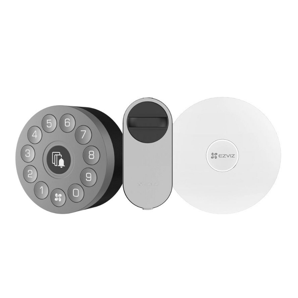 Una cerradura inteligente circular con números y un pequeño teclado. Es de color blanco y gris.