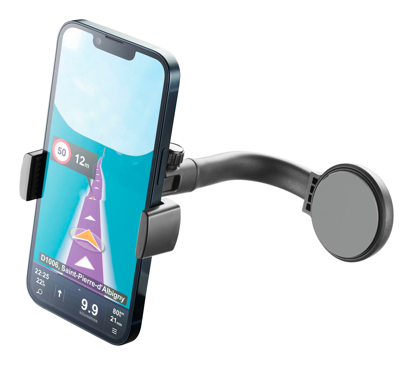 Uno smartphone in un supporto per auto che mostra un'app di navigazione e indicazioni stradali.