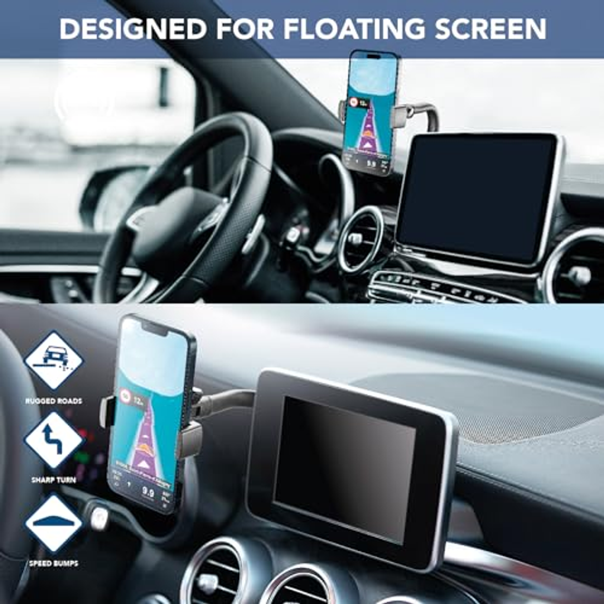 Due display che mostrano un telefono montato sul cruscotto di un'auto. Il telefono mostra un'app di navigazione.