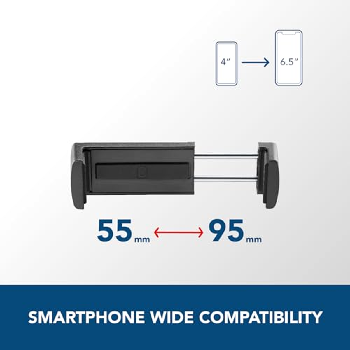 Soporte para smartphone, negro, tamaño ajustable, texto: Compatibilidad amplia, fondo blanco.