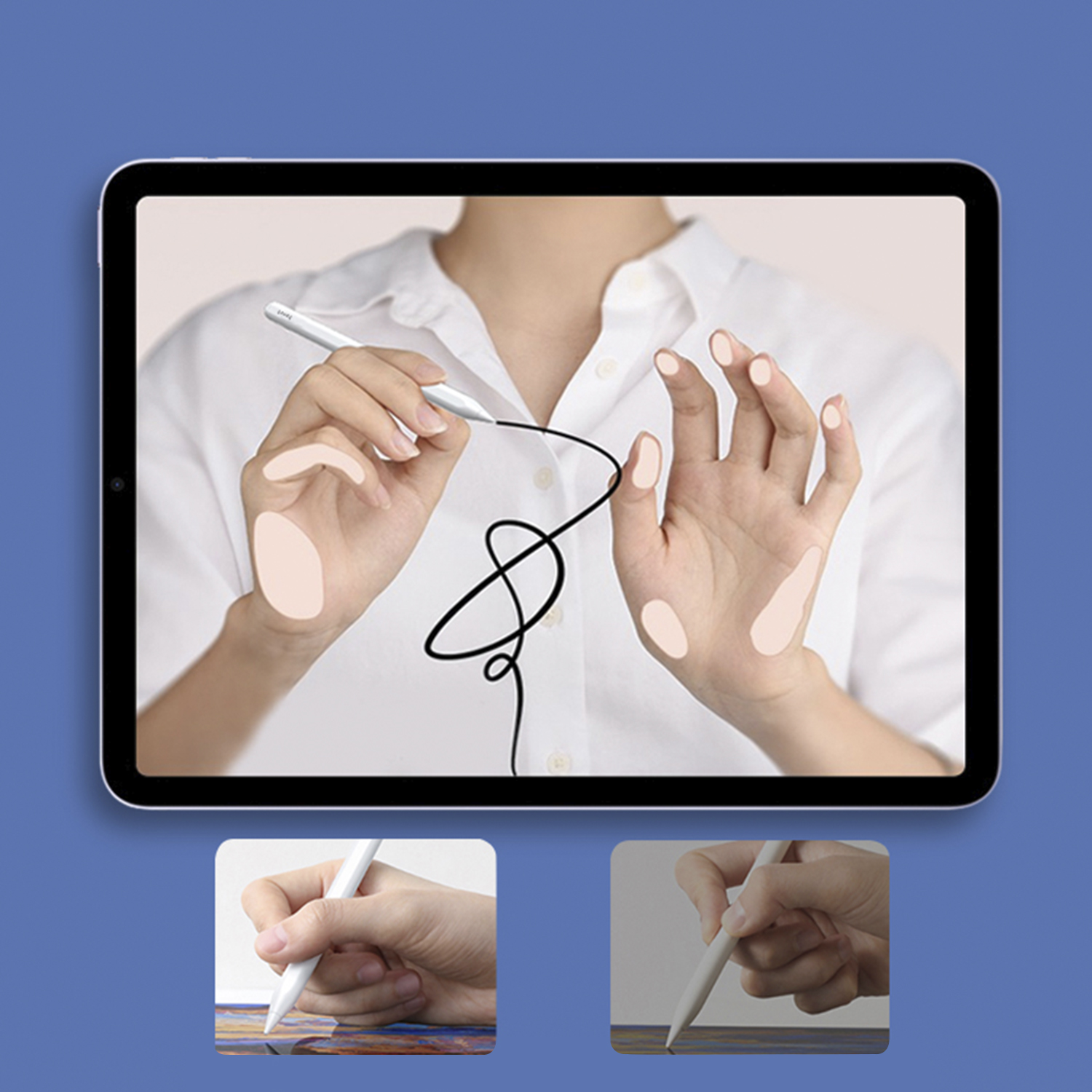 Tableta con un bolígrafo blanco dibujando en la pantalla. El usuario está usando el bolígrafo. Fondo azul.