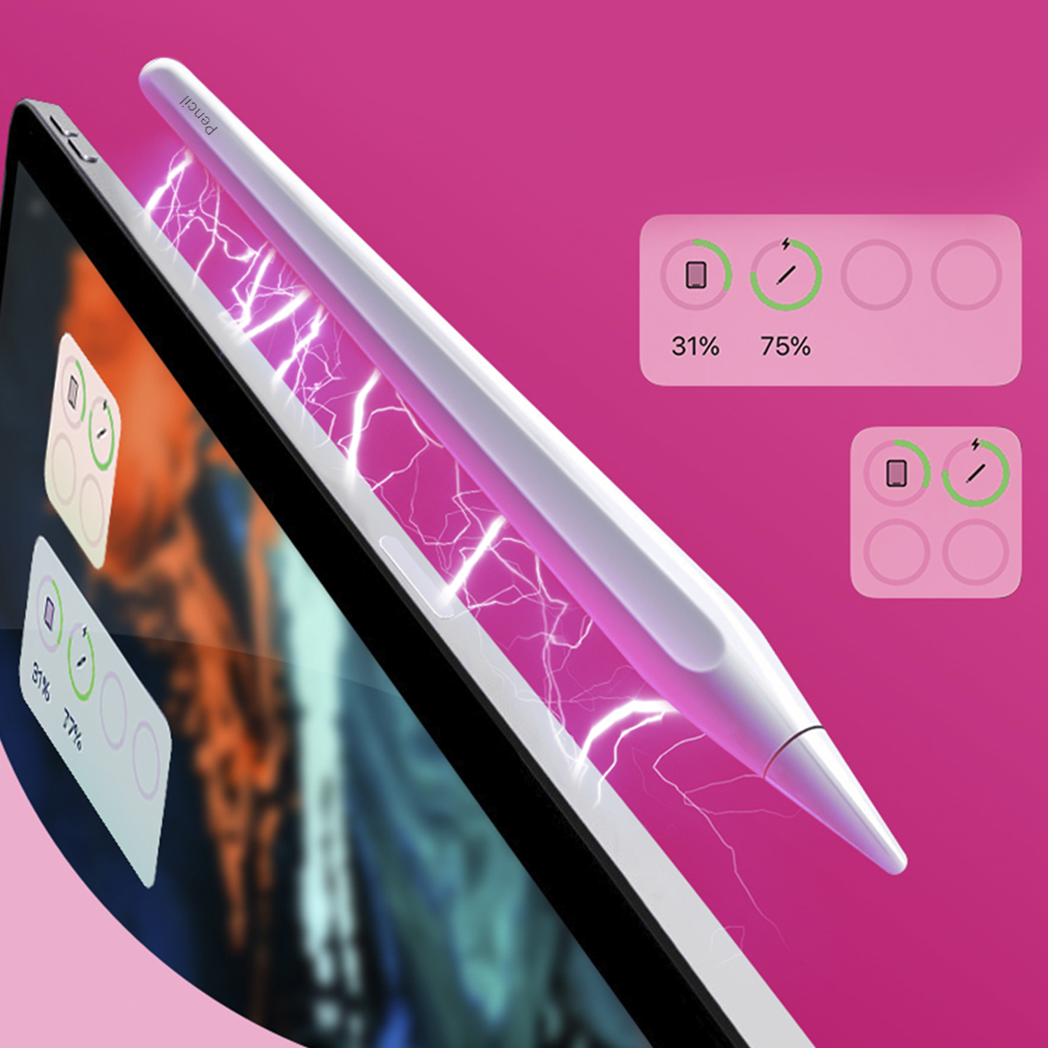 Una tableta con un lápiz óptico cargando. Los indicadores de batería muestran niveles de carga del 31% y 75%. Fondo rosa.